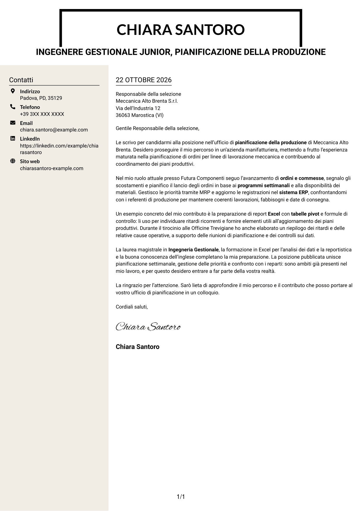 Lettera di presentazione Intraprendente (formato a due colonne con intestazione centrata senza foto): Ingegnere gestionale - Pianificazione della produzione, pagina 1