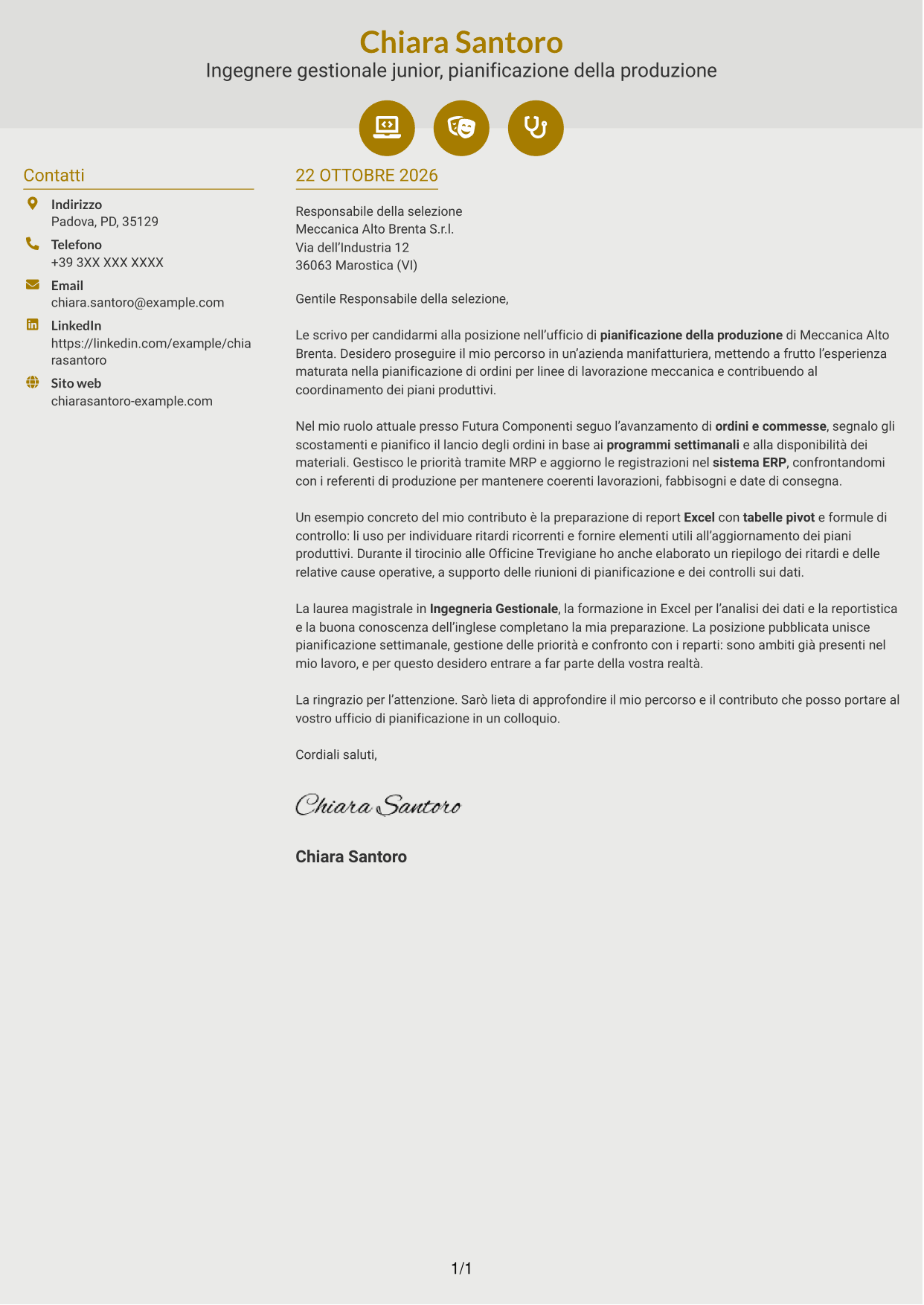 Lettera di presentazione Dinamico (formato a due colonne con icone): Ingegnere gestionale - Pianificazione della produzione, pagina 1
