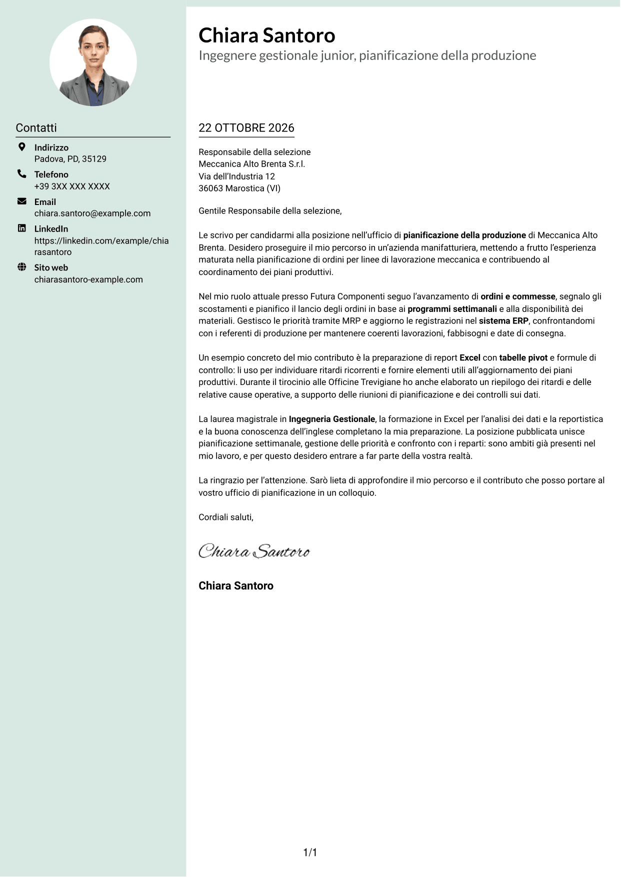 Lettera di presentazione Dirigente (formato con colonna laterale tenue e foto arrotondata): Ingegnere gestionale - Pianificazione della produzione, pagina 1