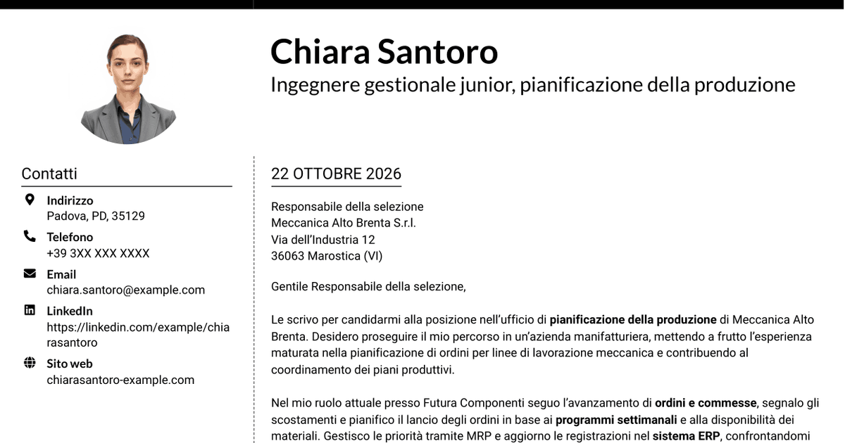 7 modelli di lettera di presentazione per Ingegnere gestionale - Pianificazione della produzione, con esempi