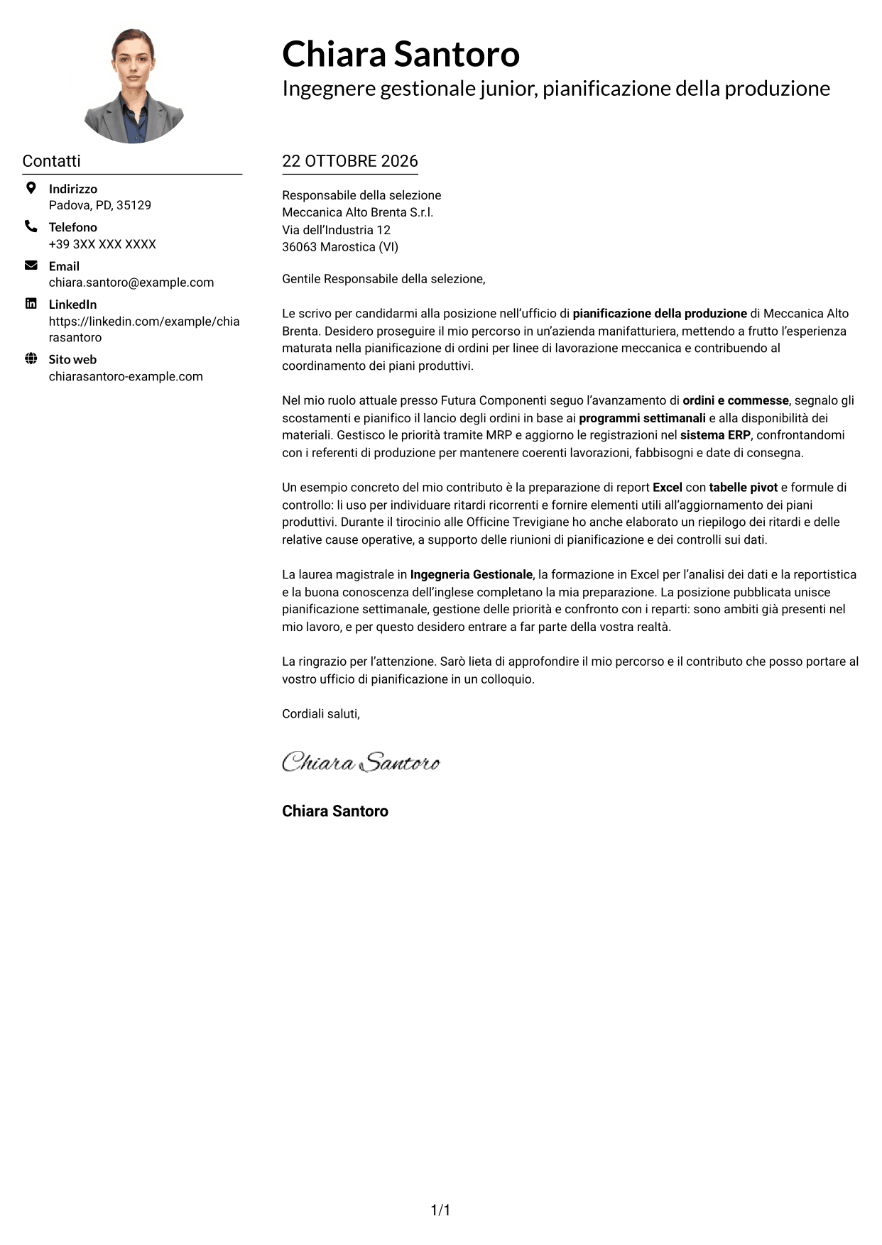 Esempio di lettera di presentazione — pagina 1