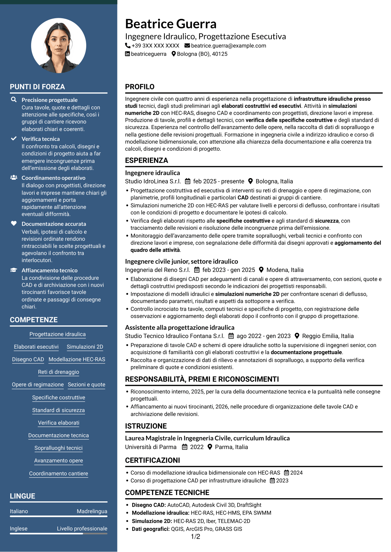 CV Elegante (formato con colonna laterale colorata e foto): Ingegnere Idraulico - Progettazione Esecutiva, pagina 1