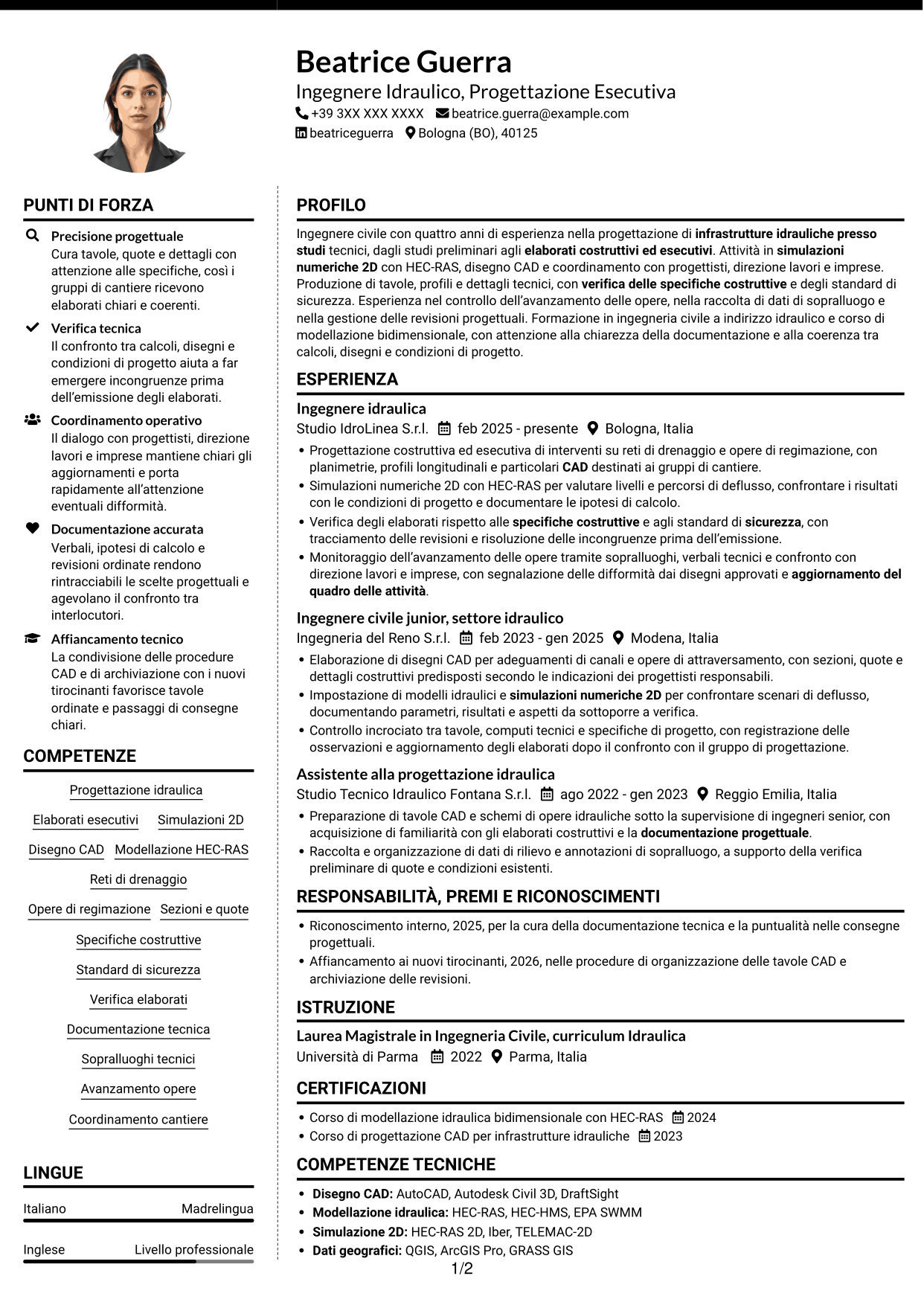 CV Moderno (formato a due colonne con foto a sinistra e separatore): Ingegnere Idraulico - Progettazione Esecutiva, pagina 1