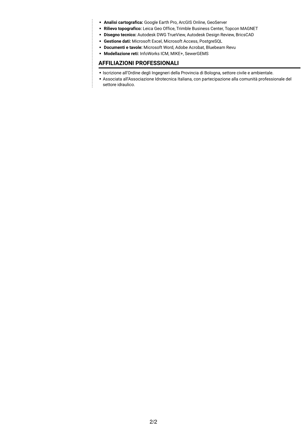 CV Moderno (formato a due colonne con foto a sinistra e separatore): Ingegnere Idraulico - Progettazione Esecutiva, pagina 2