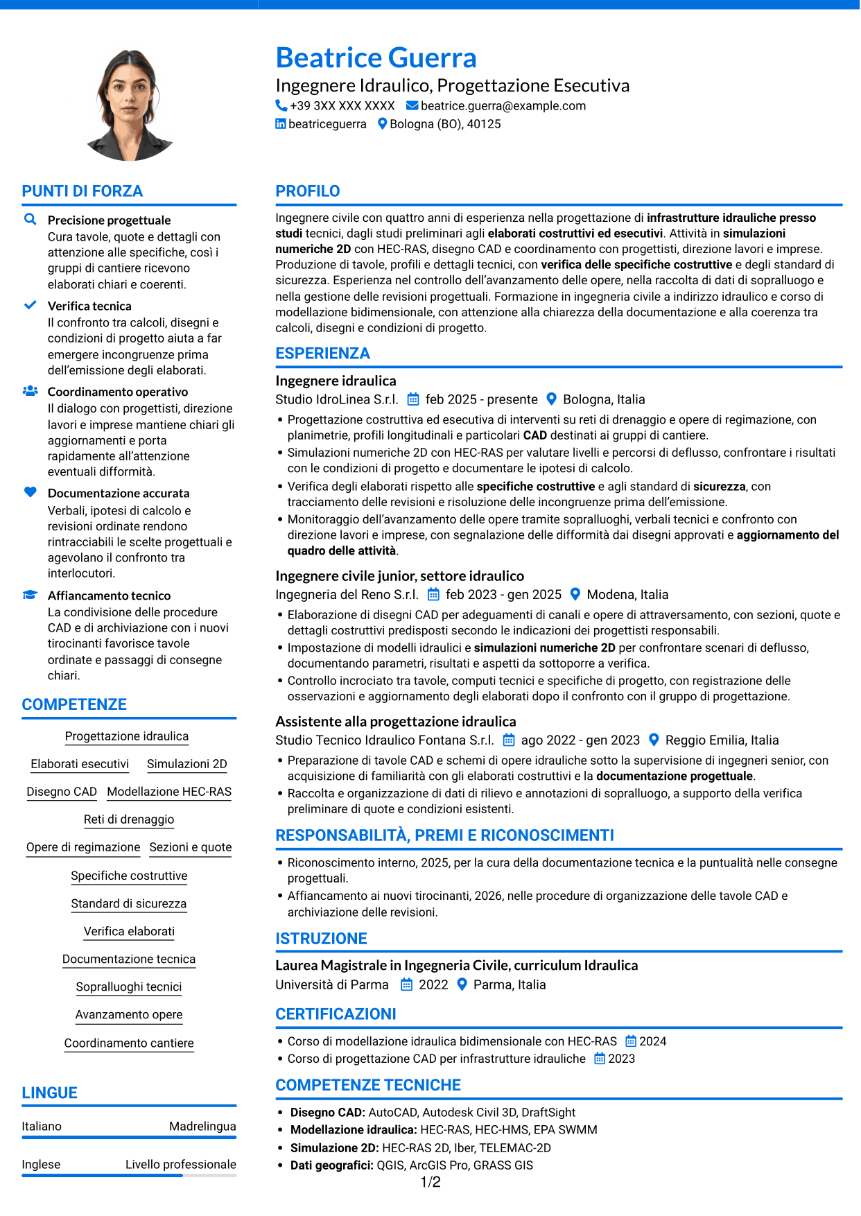 CV Audace (formato a due colonne con accenti colorati e foto): Ingegnere Idraulico - Progettazione Esecutiva, pagina 1
