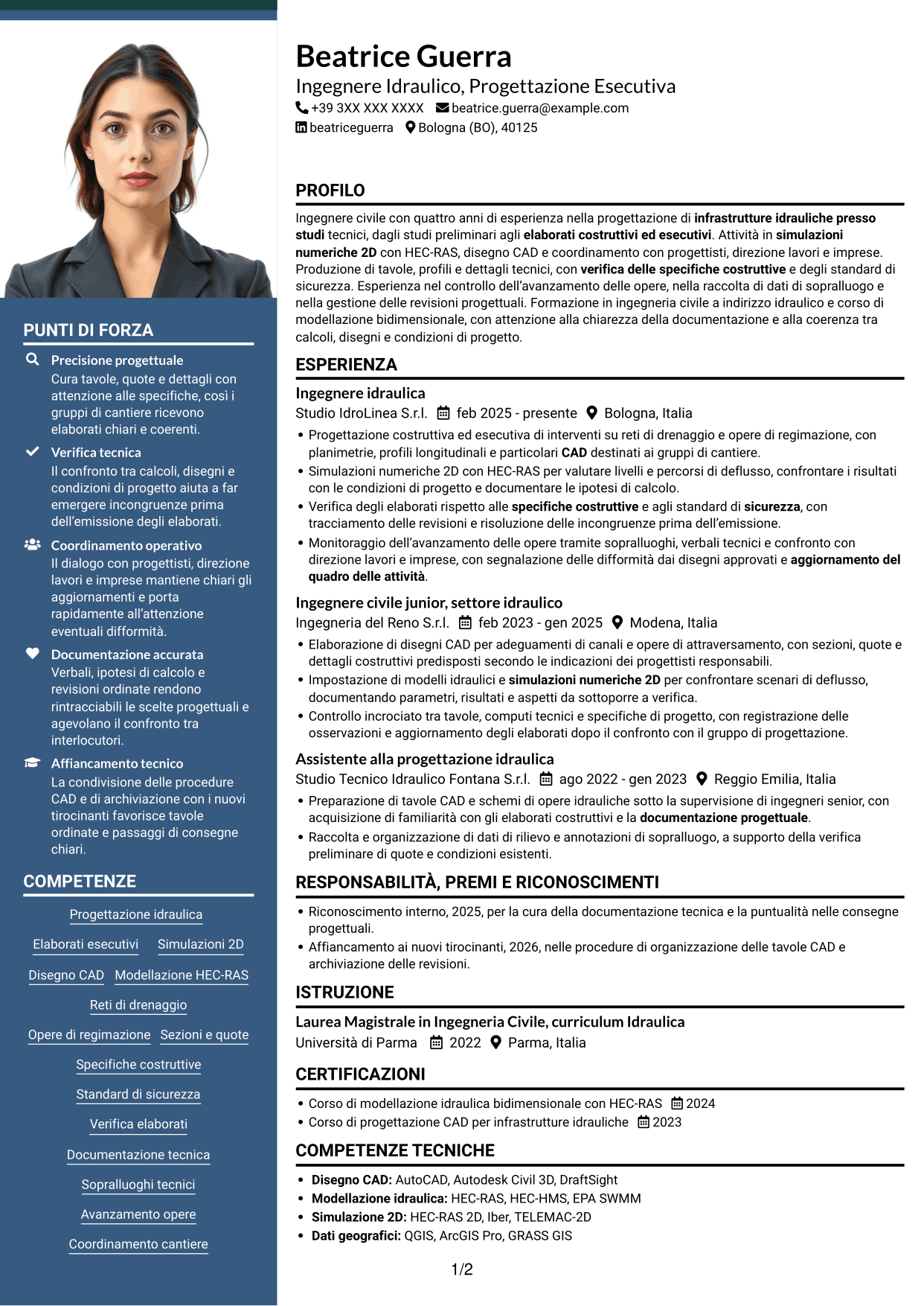 CV Signature (formato con colonna laterale colorata e foto grande): Ingegnere Idraulico - Progettazione Esecutiva, pagina 1