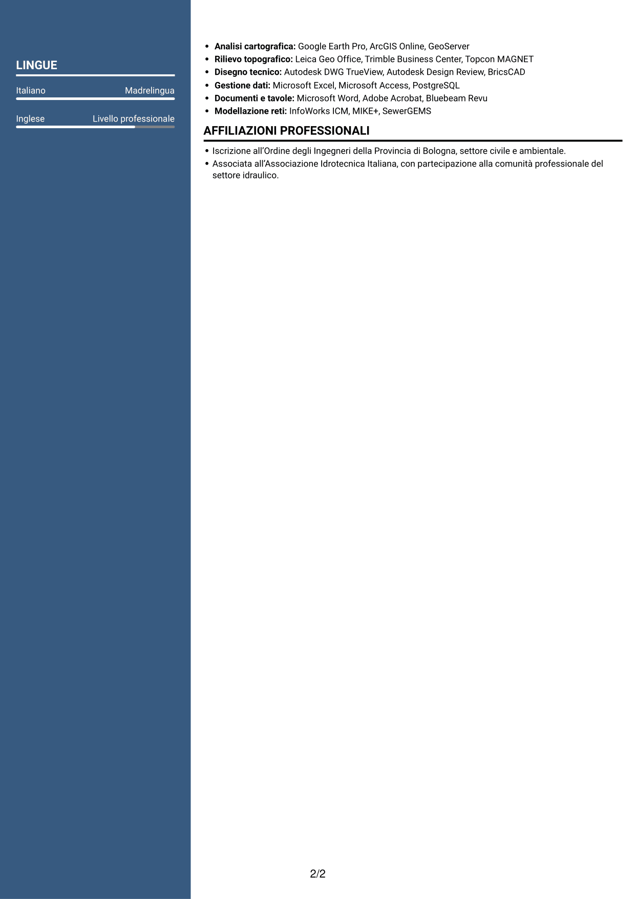 CV Signature (formato con colonna laterale colorata e foto grande): Ingegnere Idraulico - Progettazione Esecutiva, pagina 2