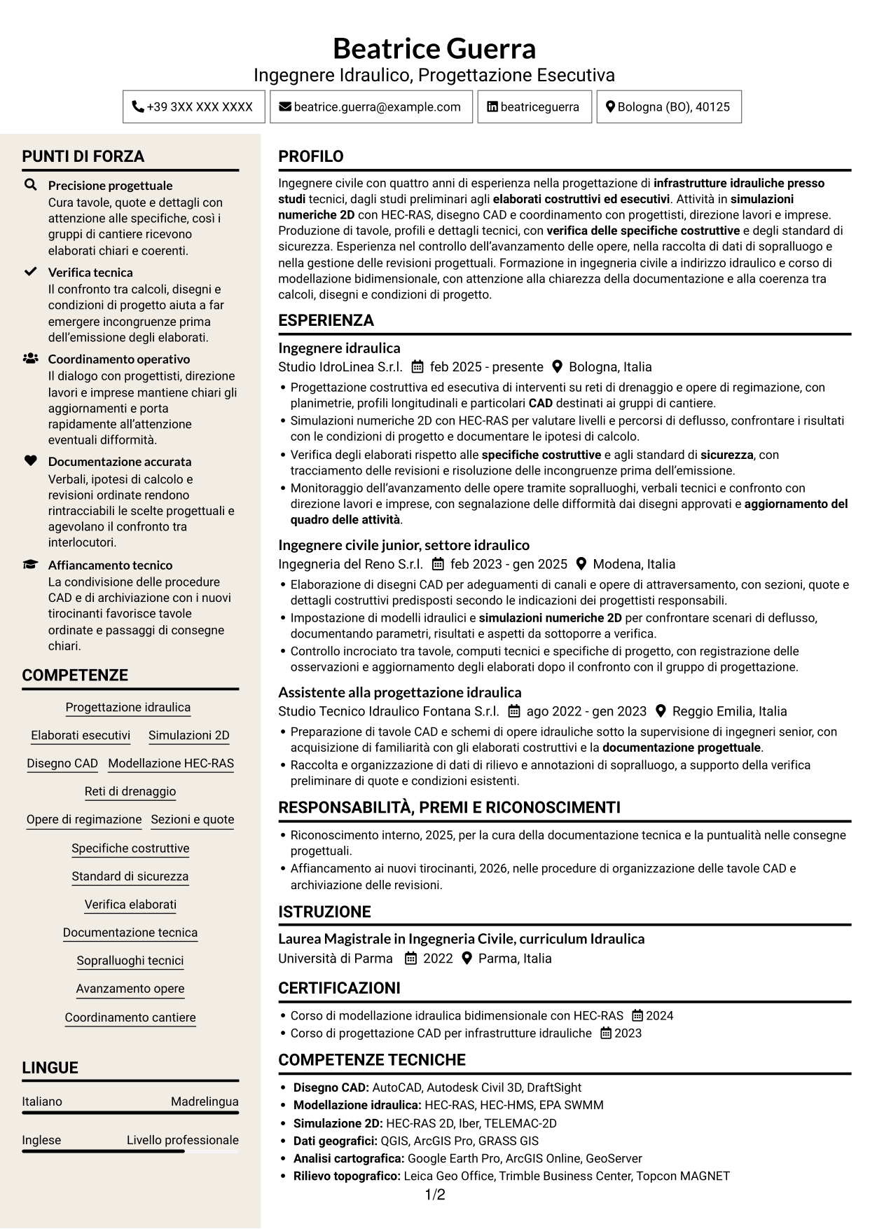 CV Intraprendente (formato a due colonne con intestazione centrata senza foto): Ingegnere Idraulico - Progettazione Esecutiva, pagina 1
