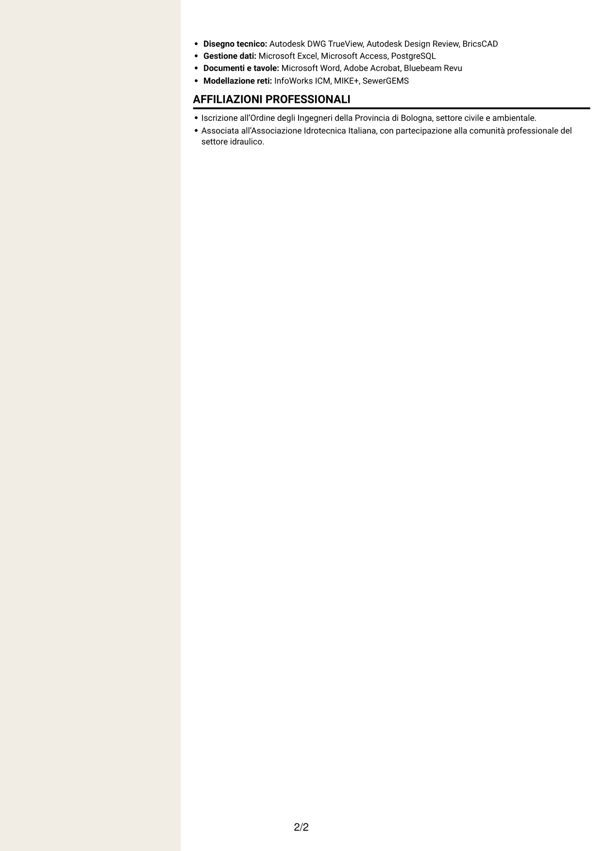 CV Intraprendente (formato a due colonne con intestazione centrata senza foto): Ingegnere Idraulico - Progettazione Esecutiva, pagina 2