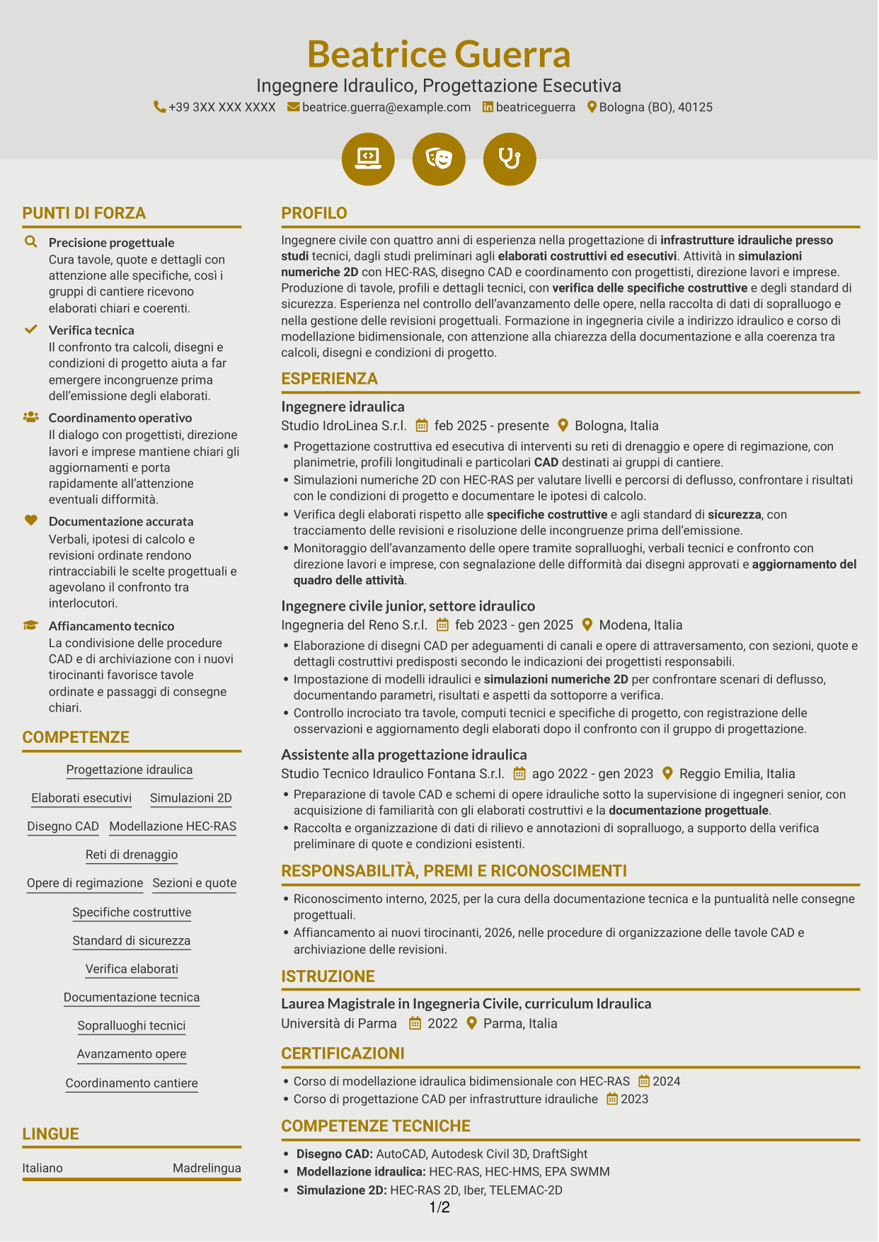CV Dinamico (formato a due colonne con icone): Ingegnere Idraulico - Progettazione Esecutiva, pagina 1