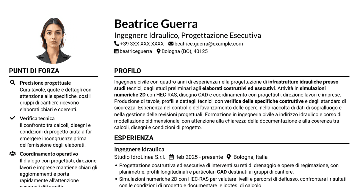 7 modelli di CV per Ingegnere Idraulico - Progettazione Esecutiva, con esempi