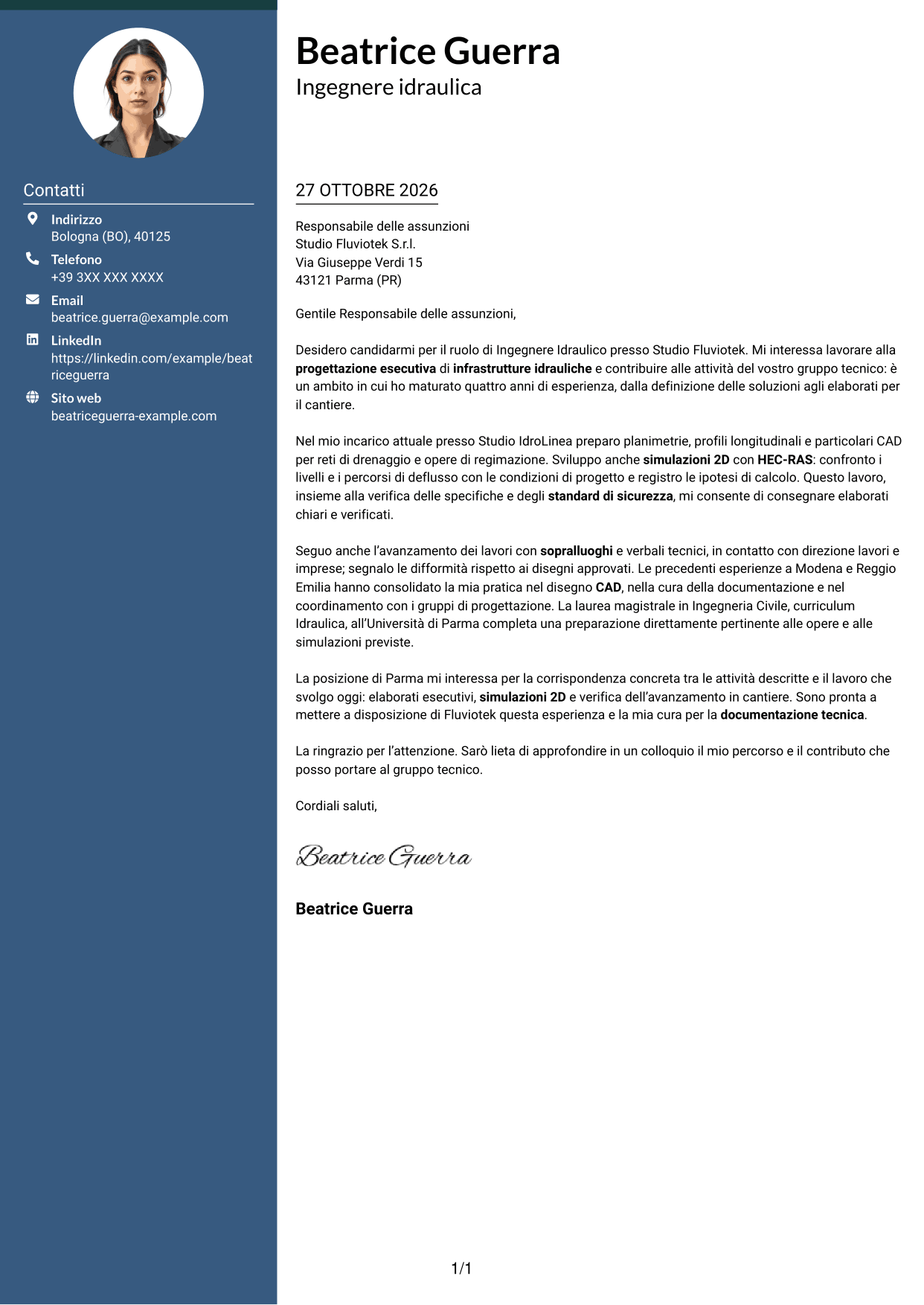 Lettera di presentazione Elegante (formato con colonna laterale colorata e foto): Ingegnere Idraulico - Progettazione Esecutiva, pagina 1