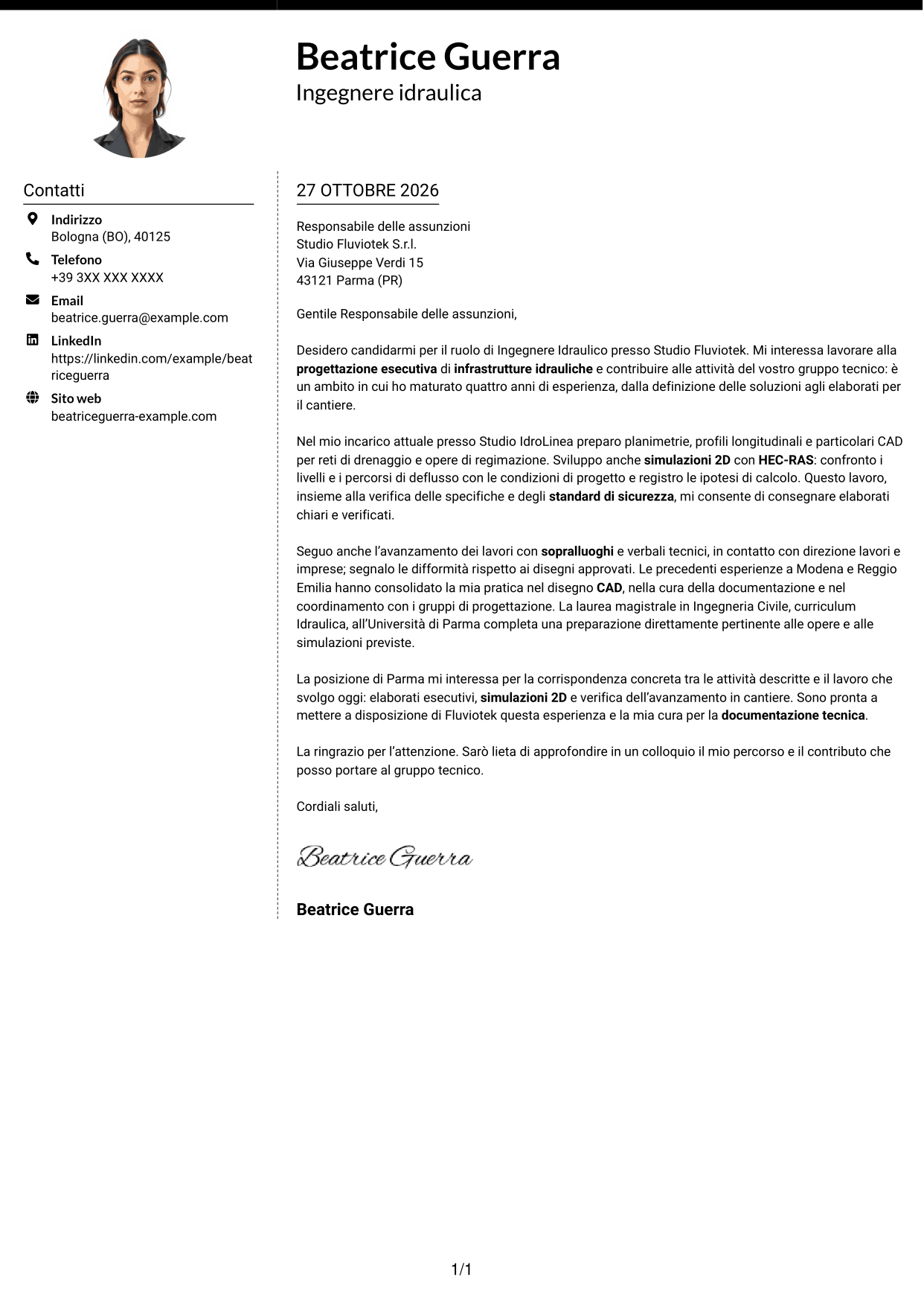Lettera di presentazione Moderno (formato a due colonne con foto a sinistra e separatore): Ingegnere Idraulico - Progettazione Esecutiva, pagina 1