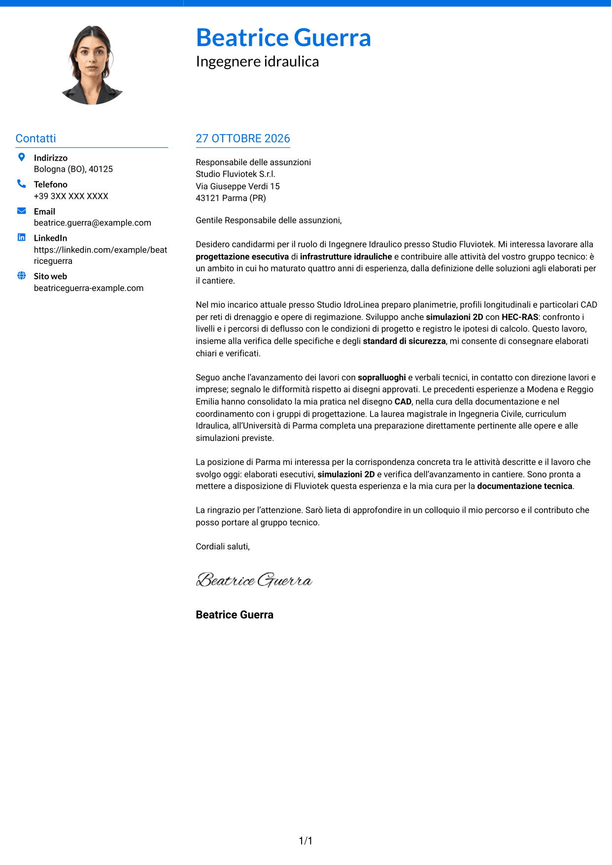 Lettera di presentazione Audace (formato a due colonne con accenti colorati e foto): Ingegnere Idraulico - Progettazione Esecutiva, pagina 1