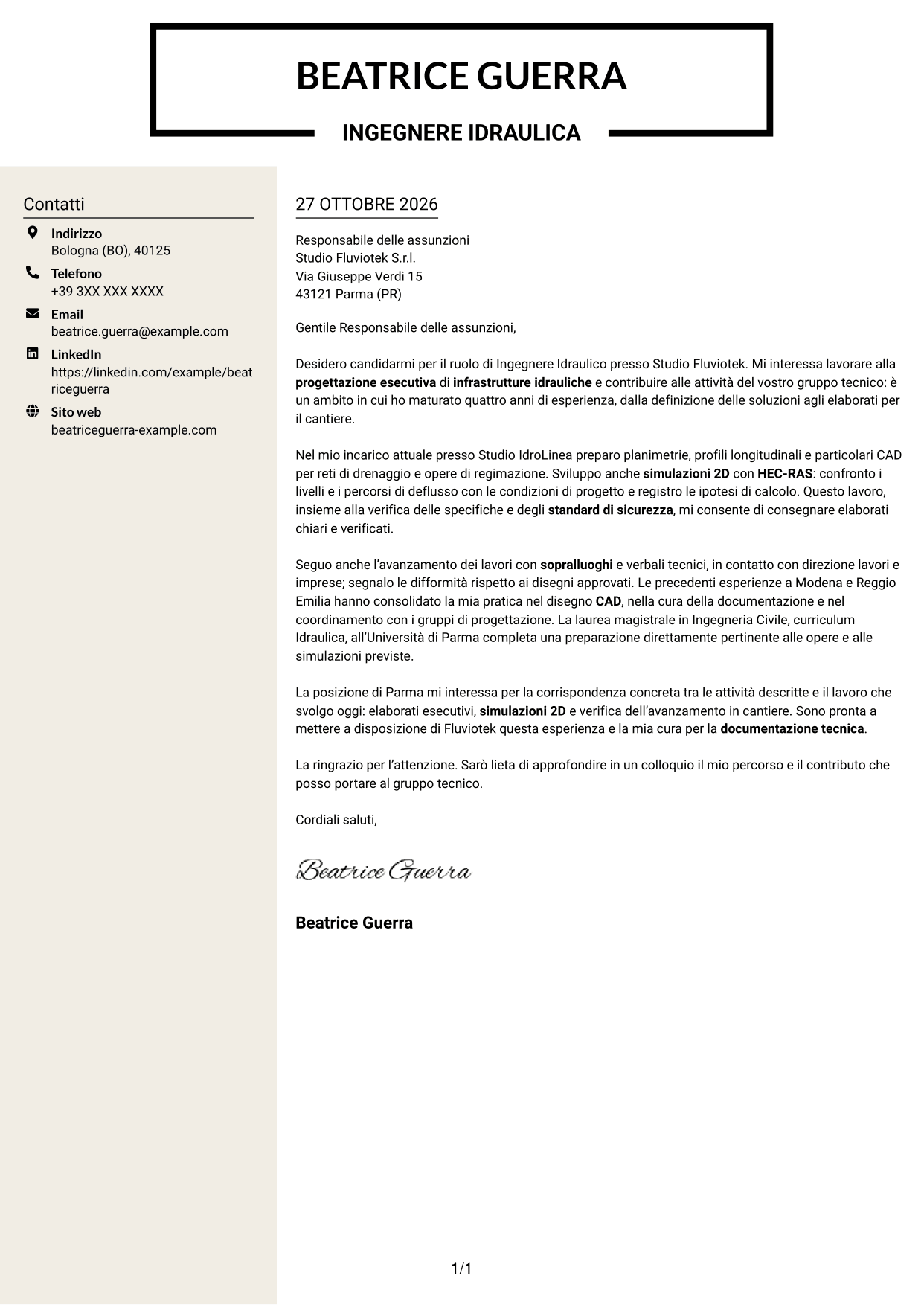 Lettera di presentazione Intraprendente (formato a due colonne con intestazione centrata senza foto): Ingegnere Idraulico - Progettazione Esecutiva, pagina 1