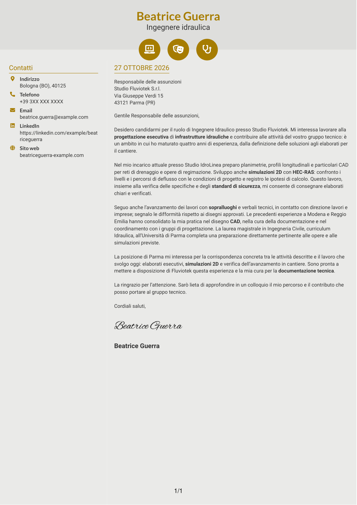 Lettera di presentazione Dinamico (formato a due colonne con icone): Ingegnere Idraulico - Progettazione Esecutiva, pagina 1