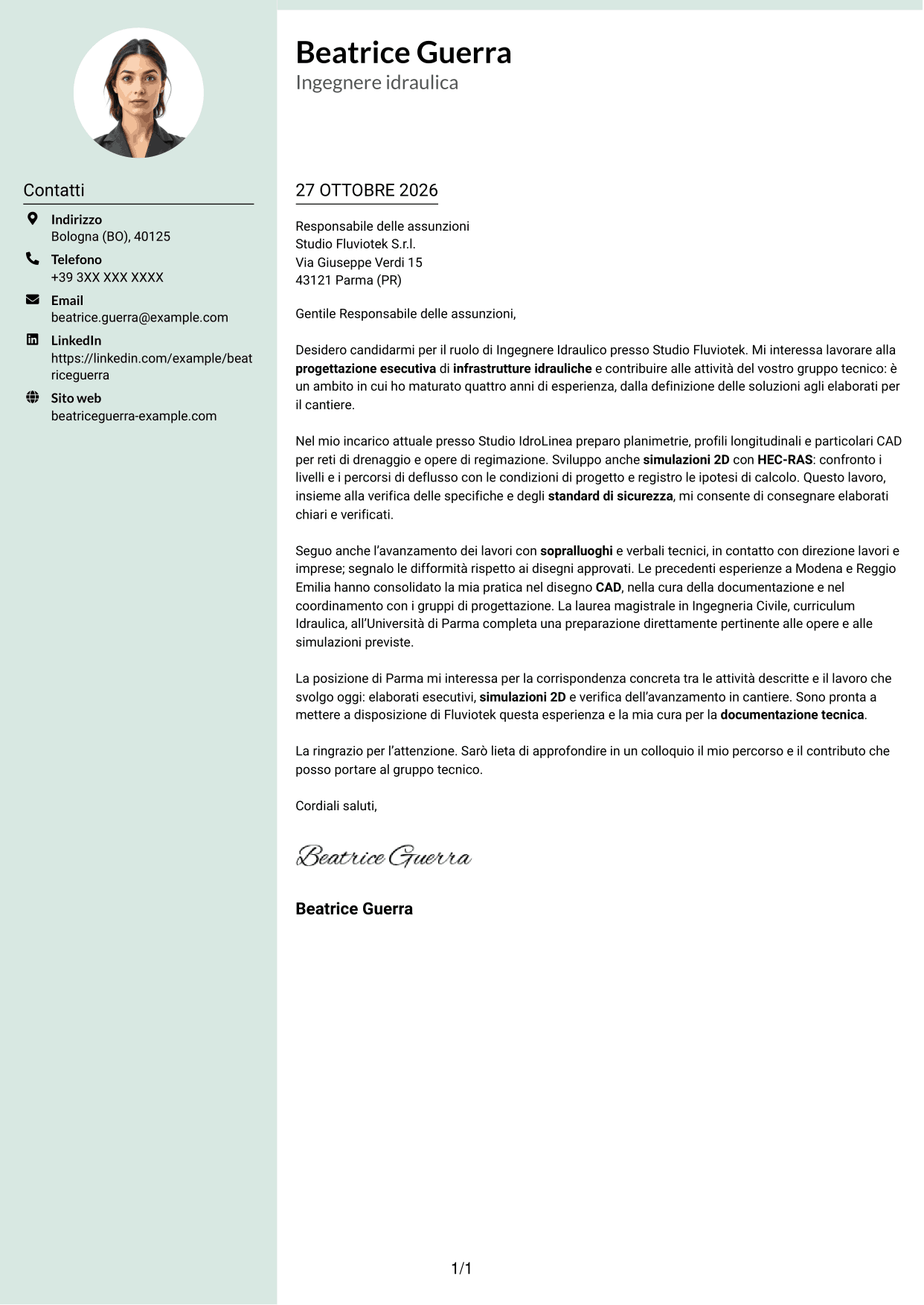 Lettera di presentazione Dirigente (formato con colonna laterale tenue e foto arrotondata): Ingegnere Idraulico - Progettazione Esecutiva, pagina 1