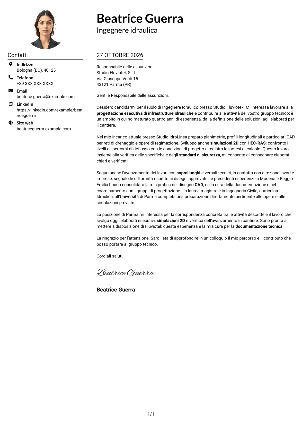 Esempio di lettera di presentazione — pagina 1