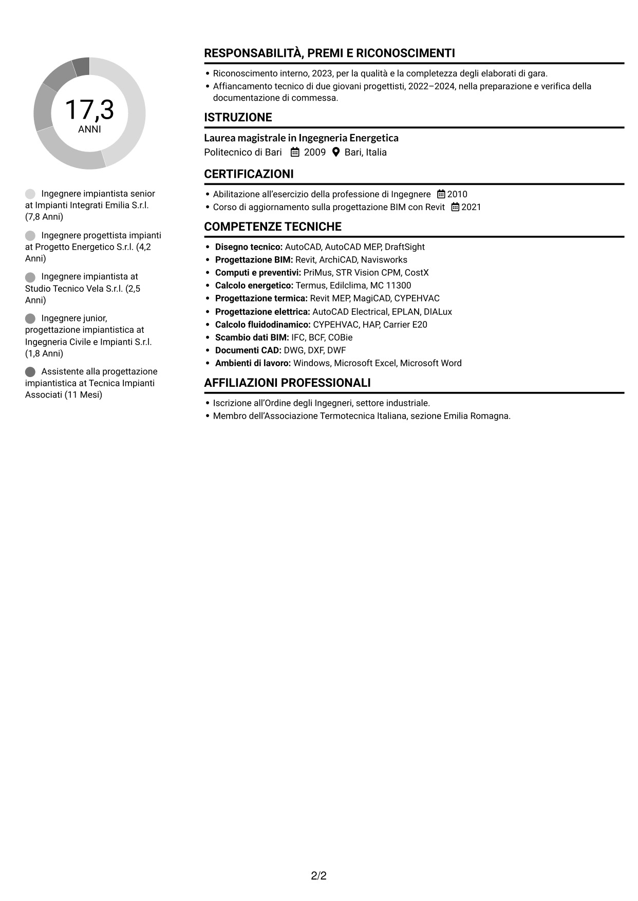 CV Compatto (formato sobrio a due colonne con foto): Ingegnere impiantista - Impianti termotecnici e meccanici, pagina 2