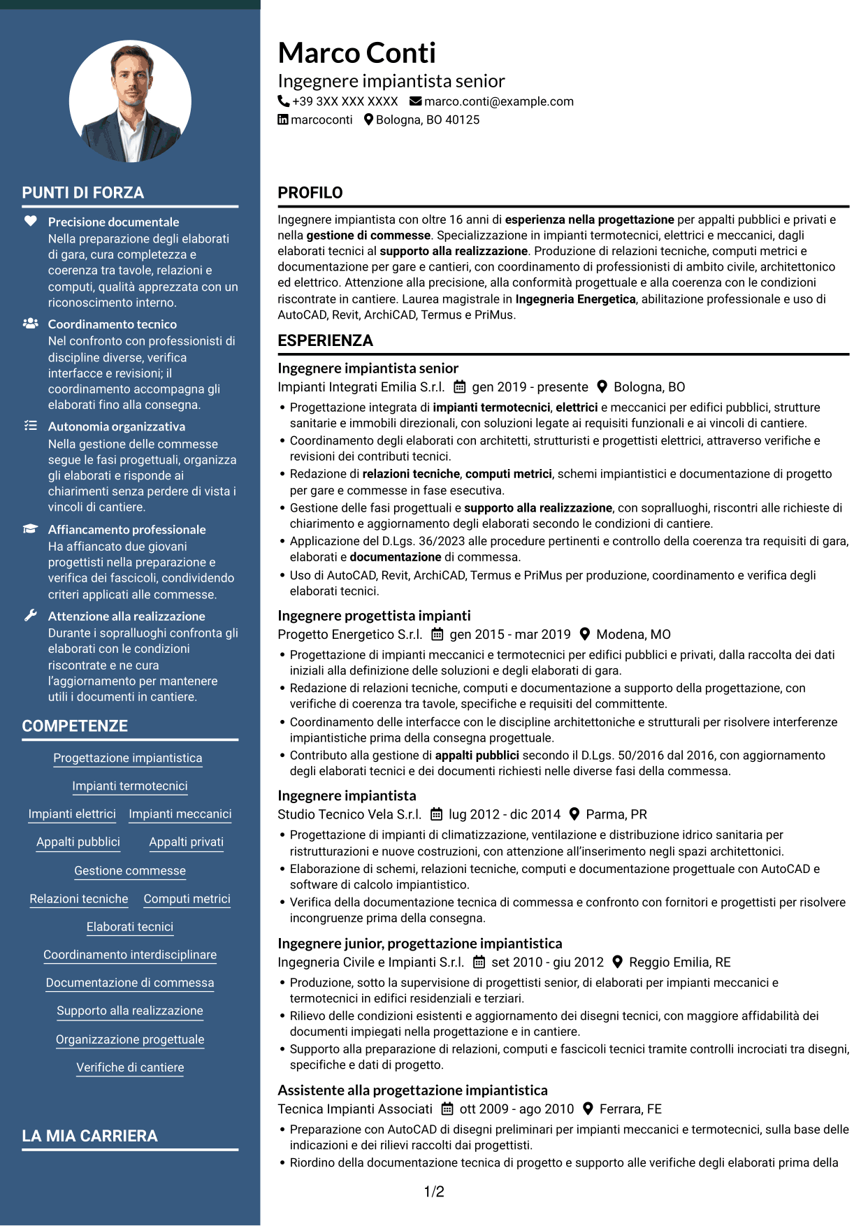 CV Elegante (formato con colonna laterale colorata e foto): Ingegnere impiantista - Impianti termotecnici e meccanici, pagina 1