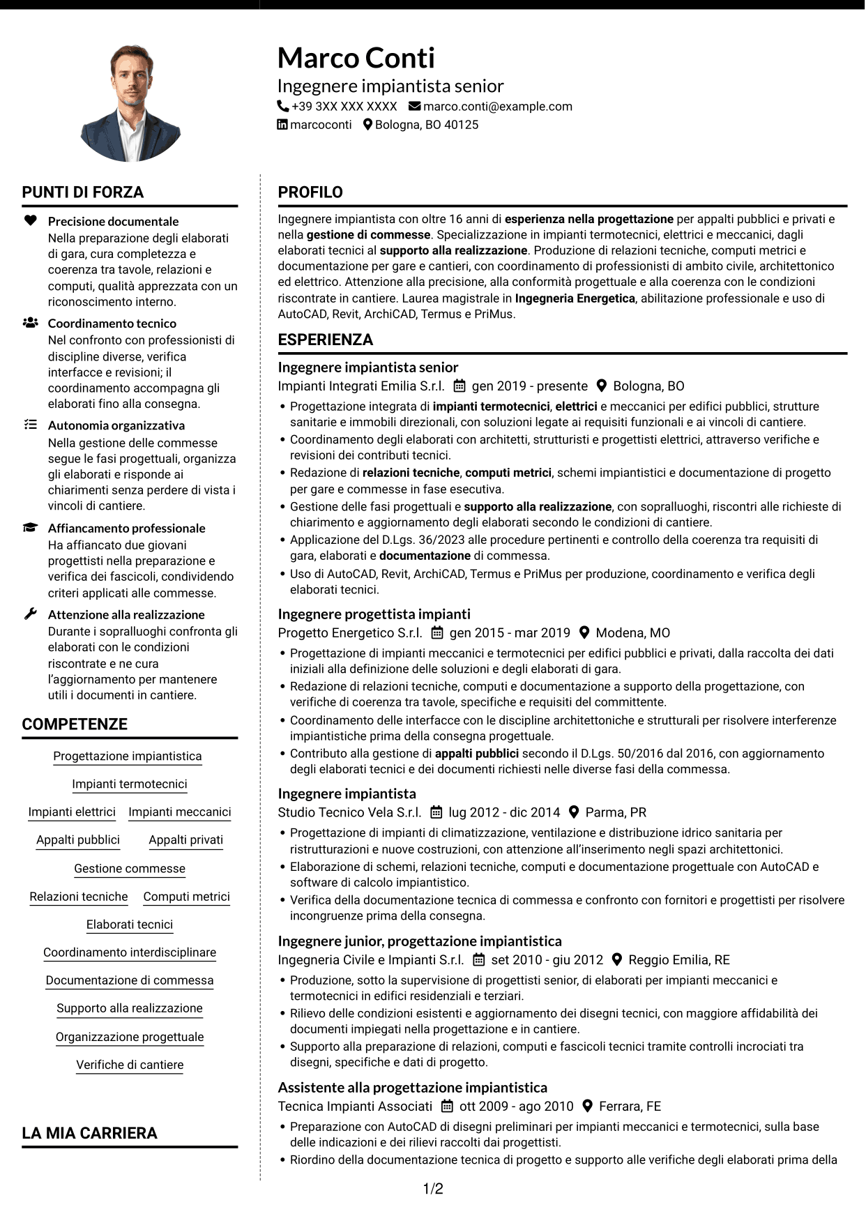 CV Moderno (formato a due colonne con foto a sinistra e separatore): Ingegnere impiantista - Impianti termotecnici e meccanici, pagina 1