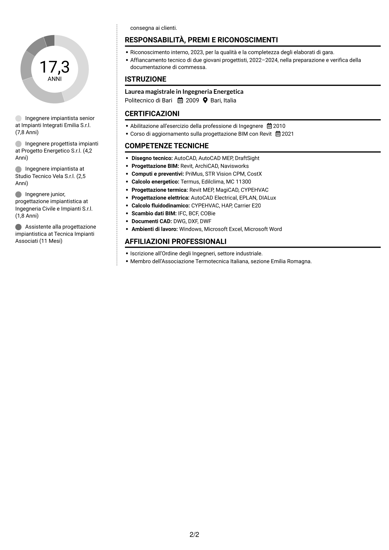 CV Moderno (formato a due colonne con foto a sinistra e separatore): Ingegnere impiantista - Impianti termotecnici e meccanici, pagina 2