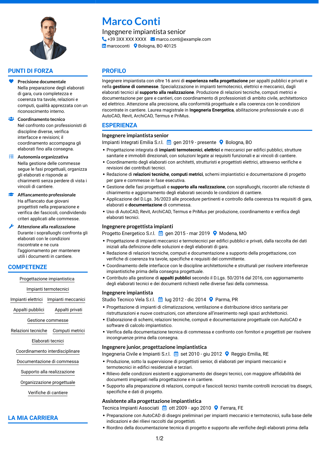 CV Audace (formato a due colonne con accenti colorati e foto): Ingegnere impiantista - Impianti termotecnici e meccanici, pagina 1