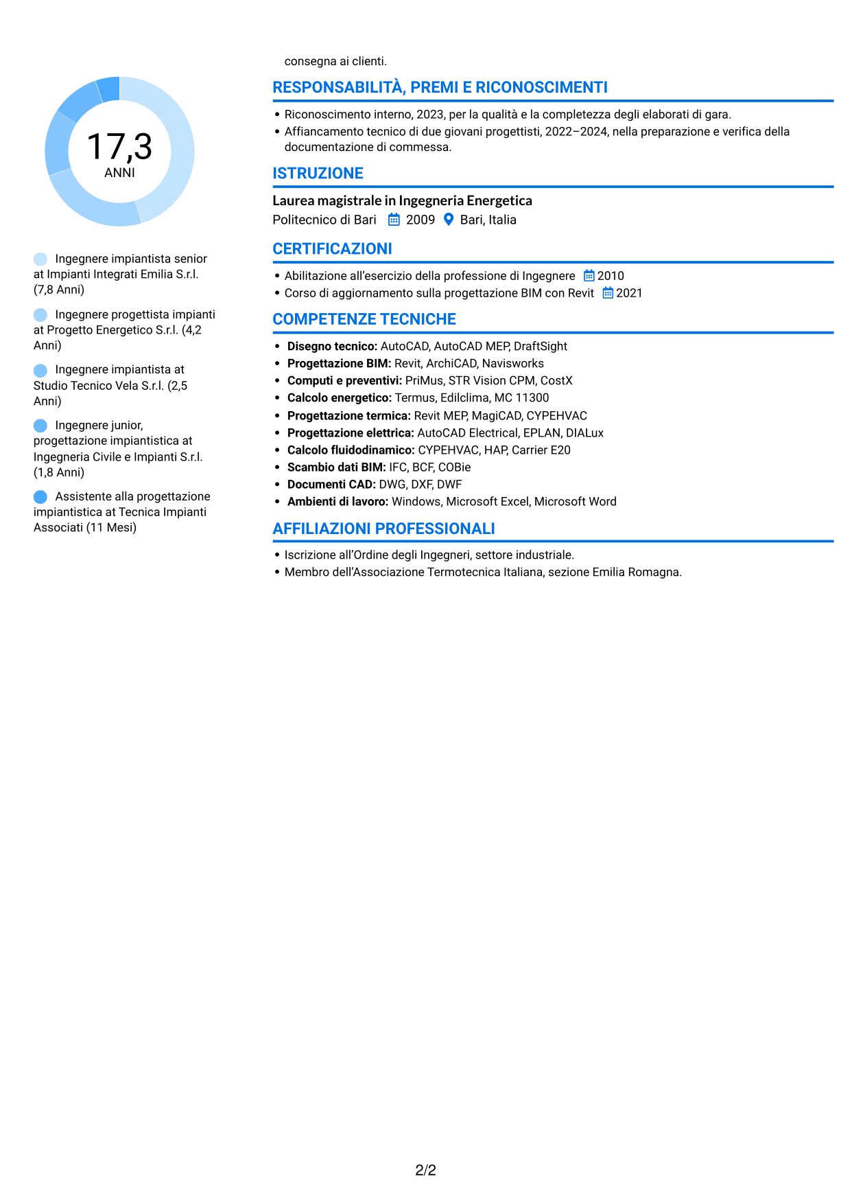 CV Audace (formato a due colonne con accenti colorati e foto): Ingegnere impiantista - Impianti termotecnici e meccanici, pagina 2