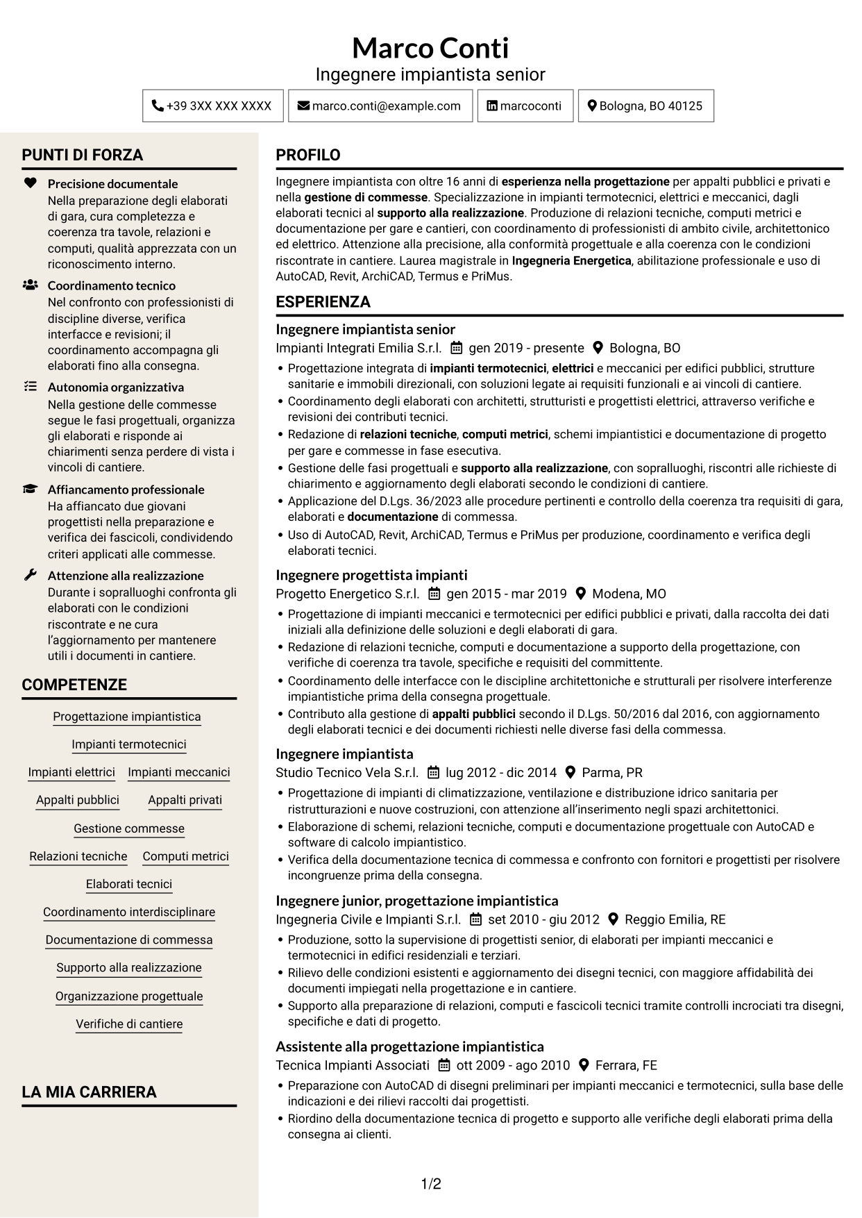 CV Intraprendente (formato a due colonne con intestazione centrata senza foto): Ingegnere impiantista - Impianti termotecnici e meccanici, pagina 1