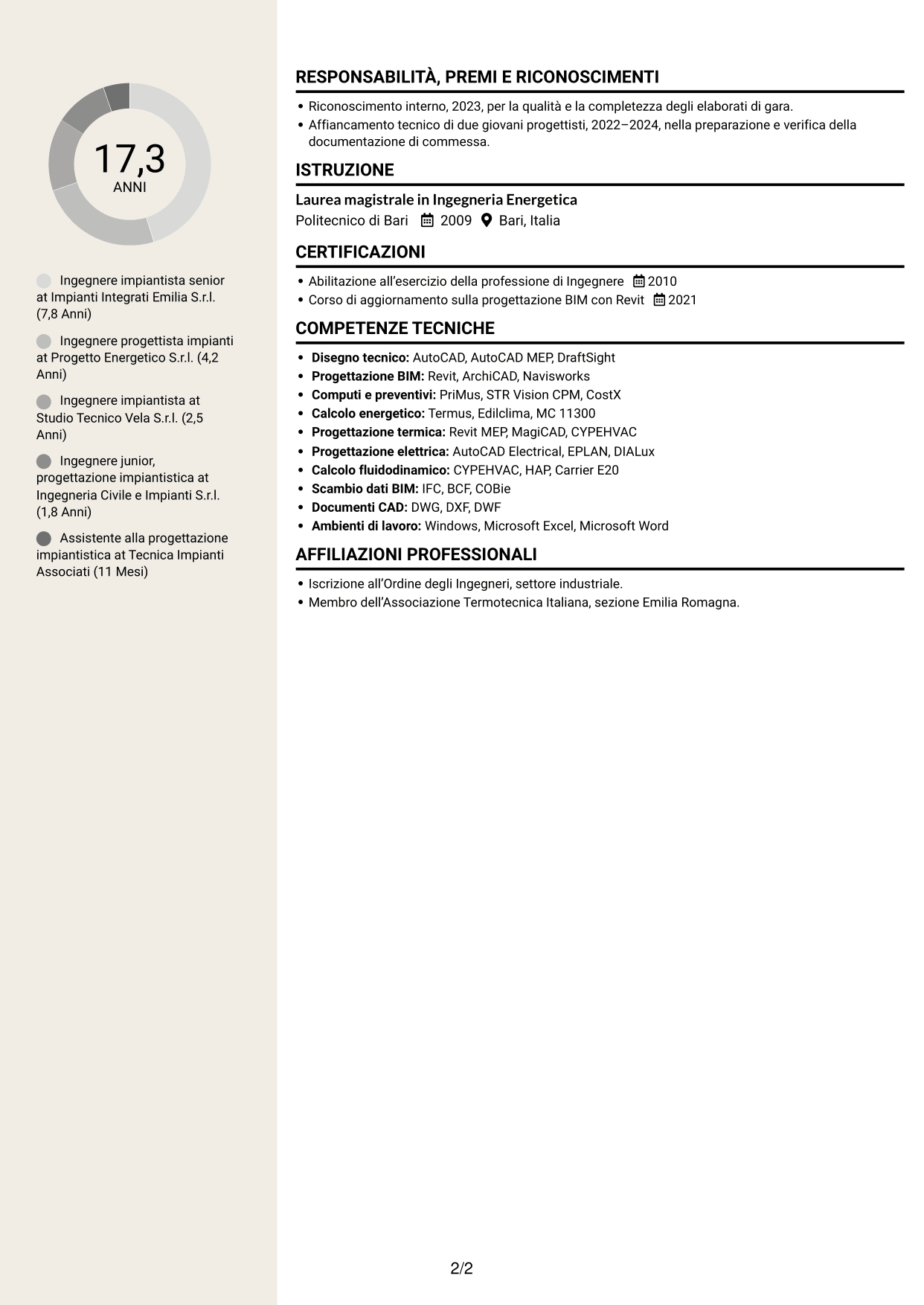CV Intraprendente (formato a due colonne con intestazione centrata senza foto): Ingegnere impiantista - Impianti termotecnici e meccanici, pagina 2