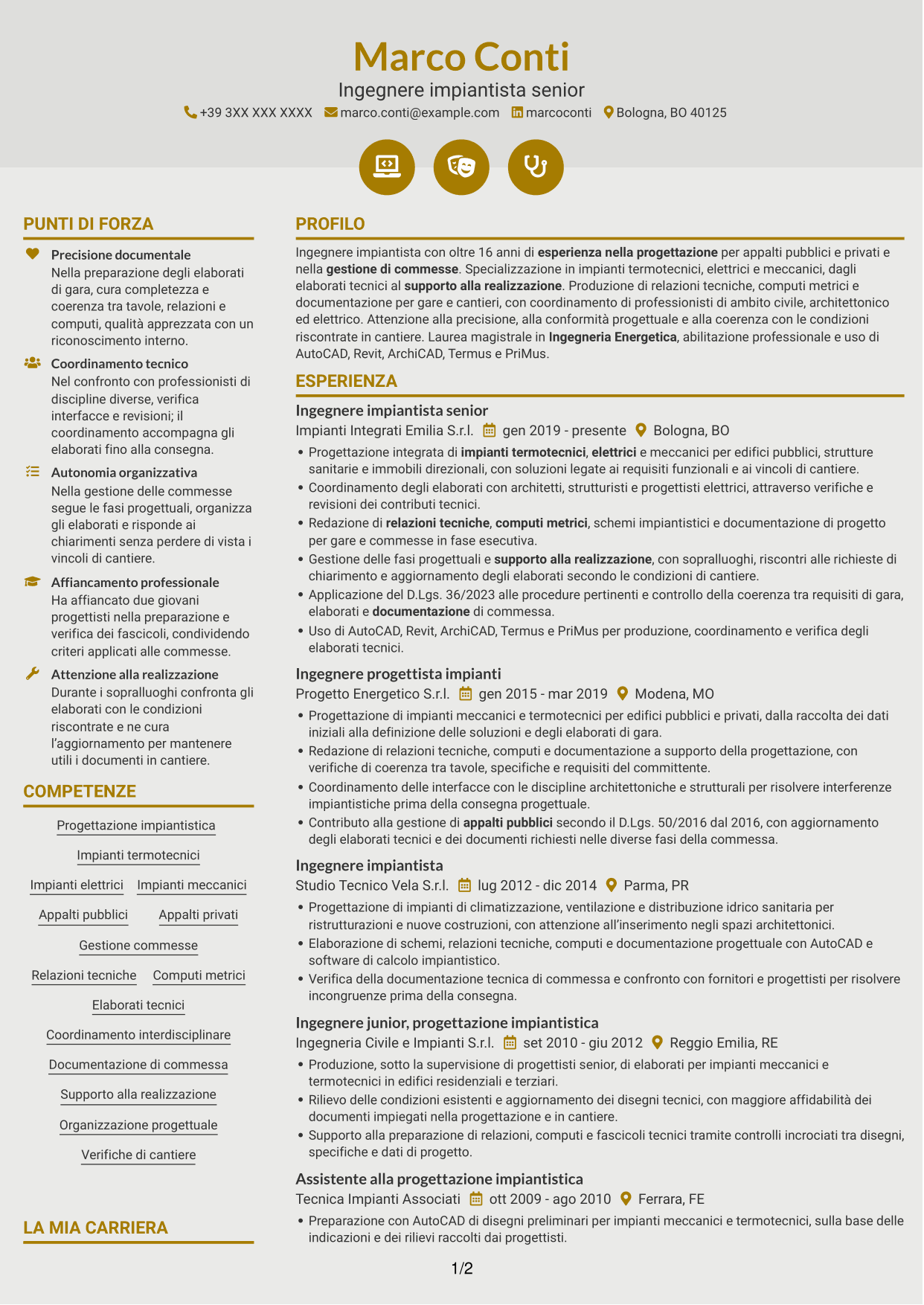 CV Dinamico (formato a due colonne con icone): Ingegnere impiantista - Impianti termotecnici e meccanici, pagina 1