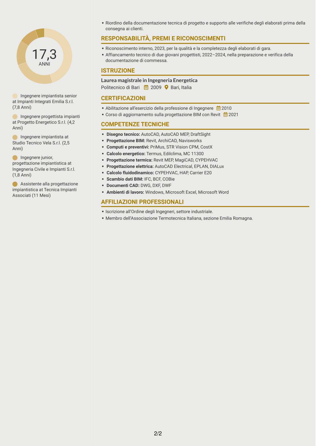 CV Dinamico (formato a due colonne con icone): Ingegnere impiantista - Impianti termotecnici e meccanici, pagina 2
