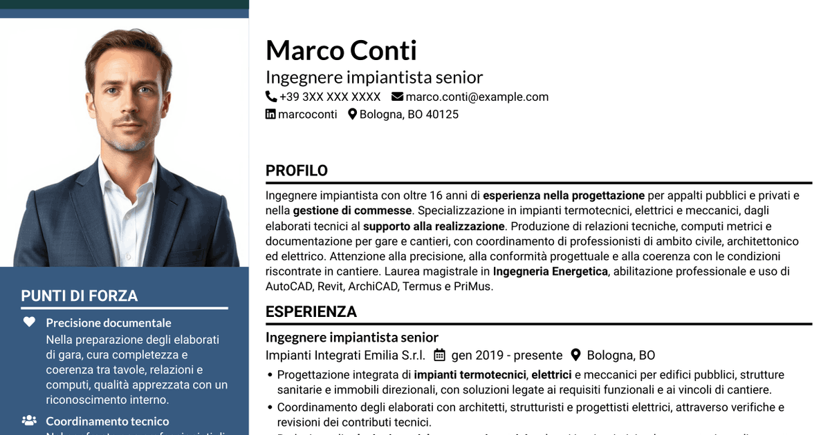 7 modelli di CV per Ingegnere impiantista - Impianti termotecnici e meccanici, con esempi