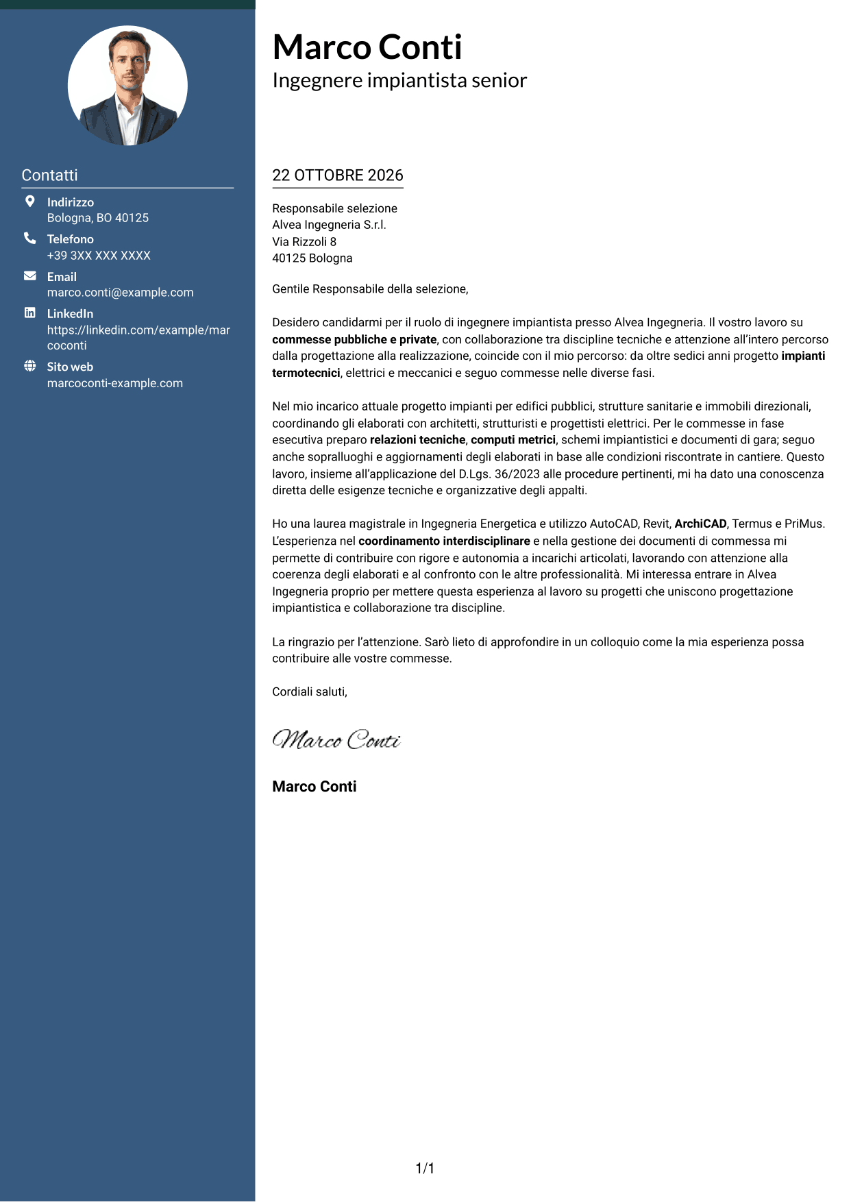 Lettera di presentazione Elegante (formato con colonna laterale colorata e foto): Ingegnere impiantista - Impianti termotecnici e meccanici, pagina 1