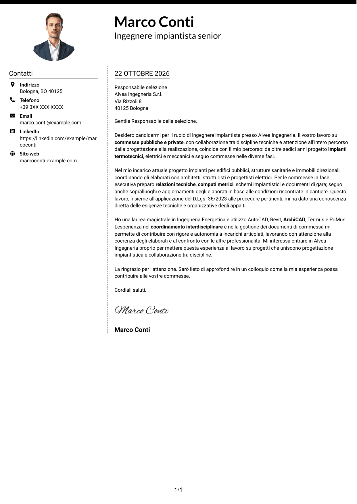 Lettera di presentazione Moderno (formato a due colonne con foto a sinistra e separatore): Ingegnere impiantista - Impianti termotecnici e meccanici, pagina 1