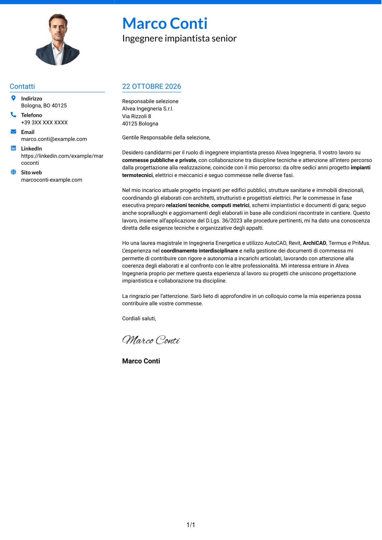 Lettera di presentazione Audace (formato a due colonne con accenti colorati e foto): Ingegnere impiantista - Impianti termotecnici e meccanici, pagina 1