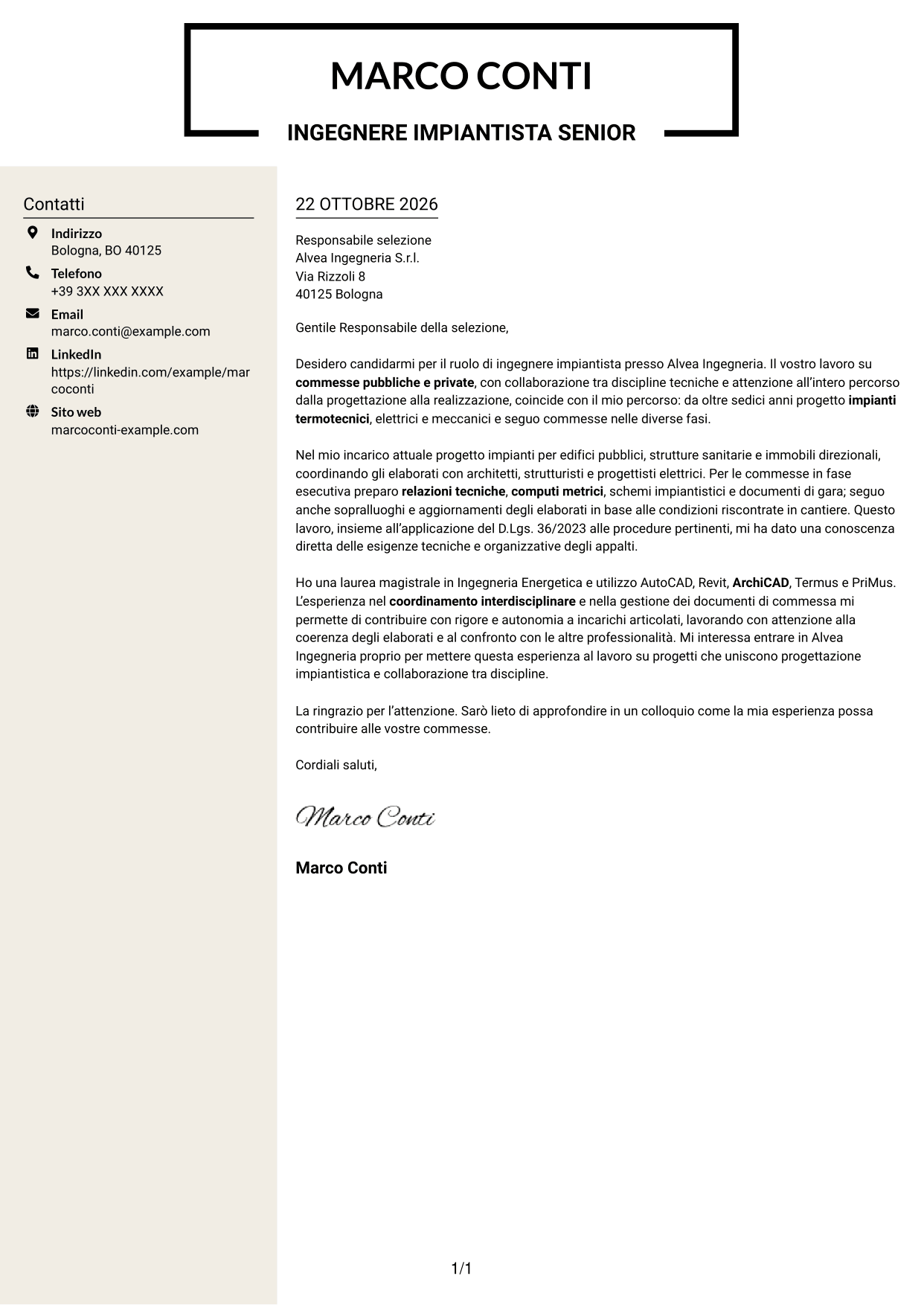 Lettera di presentazione Intraprendente (formato a due colonne con intestazione centrata senza foto): Ingegnere impiantista - Impianti termotecnici e meccanici, pagina 1
