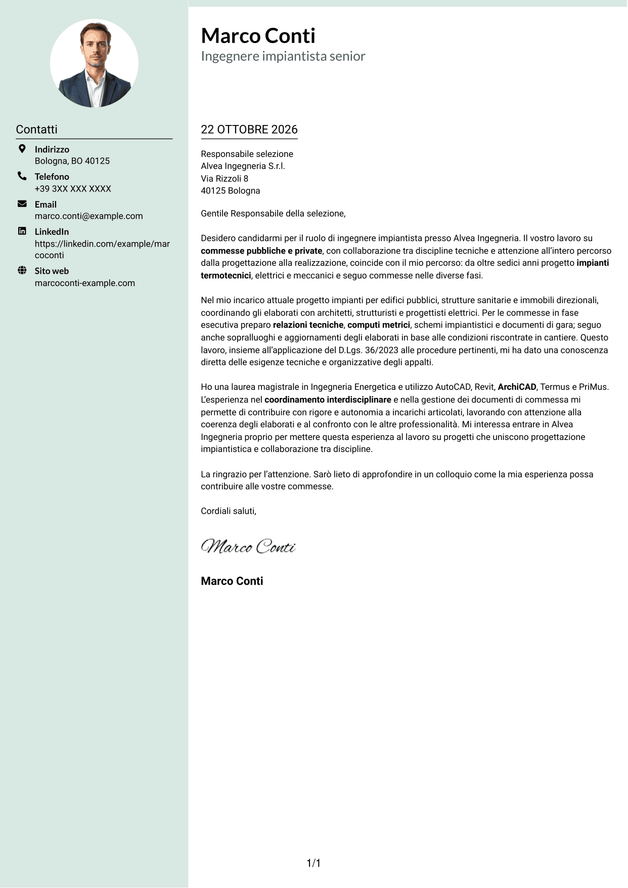 Lettera di presentazione Dirigente (formato con colonna laterale tenue e foto arrotondata): Ingegnere impiantista - Impianti termotecnici e meccanici, pagina 1