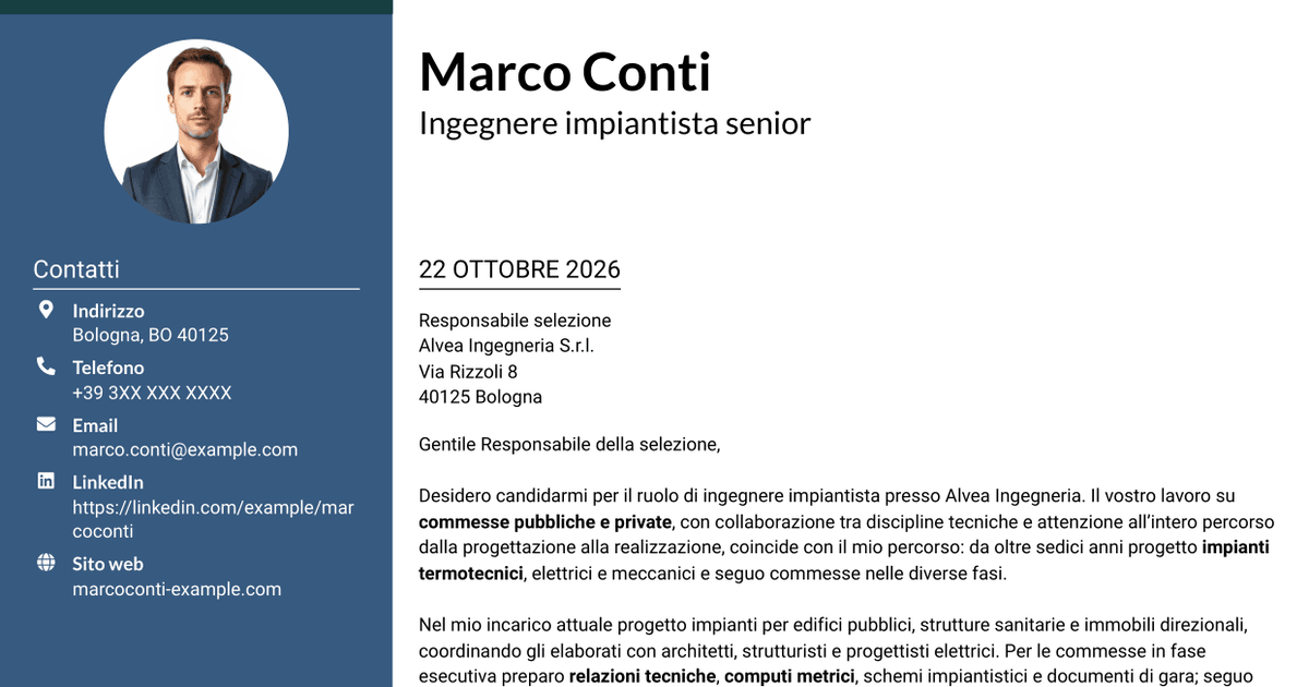 7 modelli di lettera di presentazione per Ingegnere impiantista - Impianti termotecnici e meccanici, con esempi