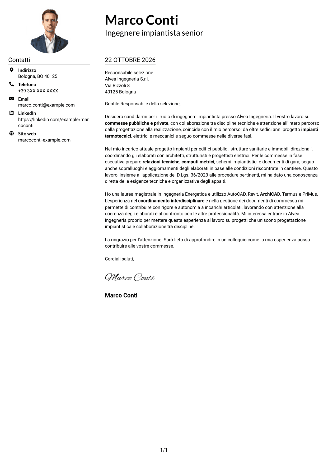 Esempio di lettera di presentazione — pagina 1