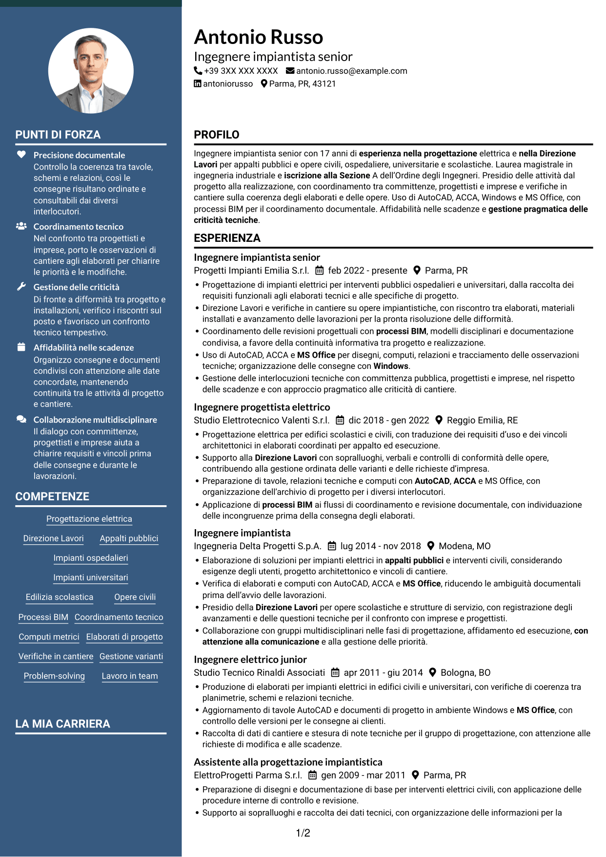 CV Elegante (formato con colonna laterale colorata e foto): Ingegnere impiantista senior - Progettazione impianti elettrici, pagina 1