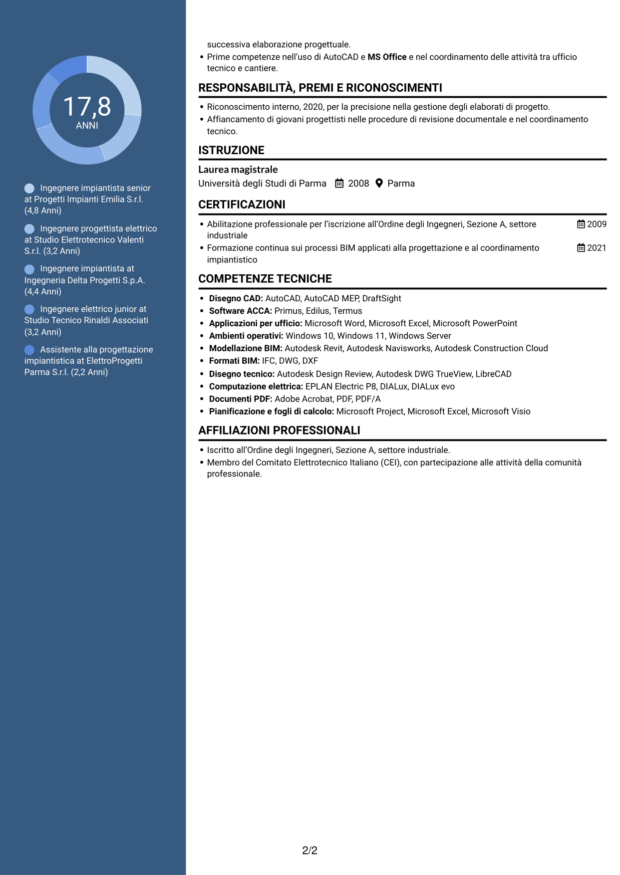 CV Elegante (formato con colonna laterale colorata e foto): Ingegnere impiantista senior - Progettazione impianti elettrici, pagina 2