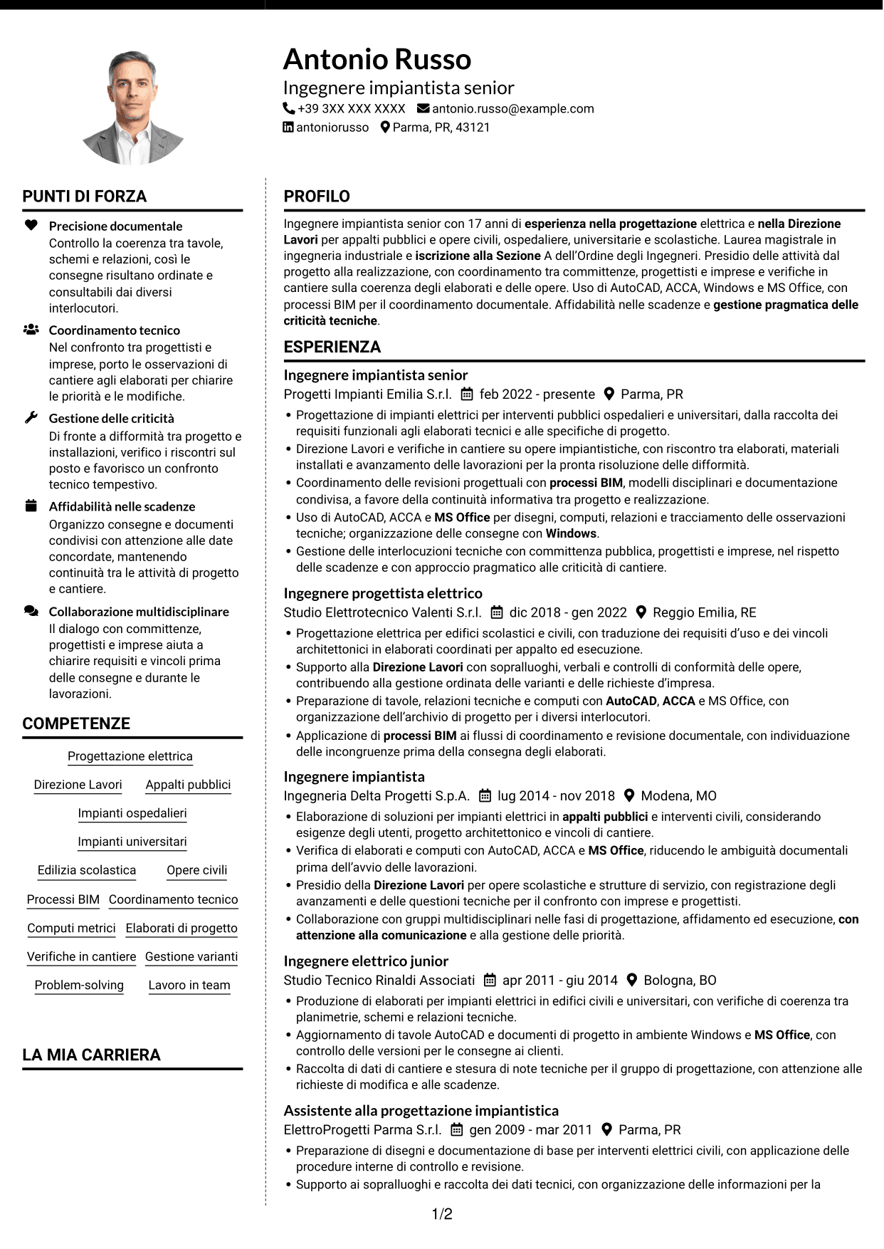 CV Moderno (formato a due colonne con foto a sinistra e separatore): Ingegnere impiantista senior - Progettazione impianti elettrici, pagina 1