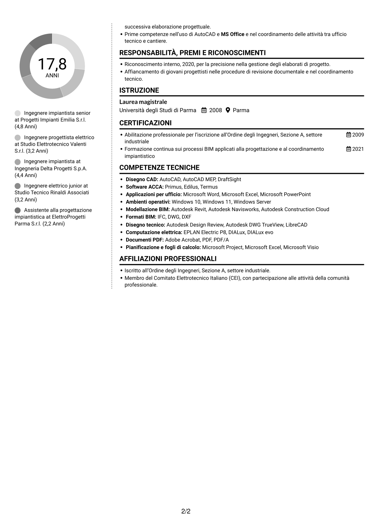 CV Moderno (formato a due colonne con foto a sinistra e separatore): Ingegnere impiantista senior - Progettazione impianti elettrici, pagina 2