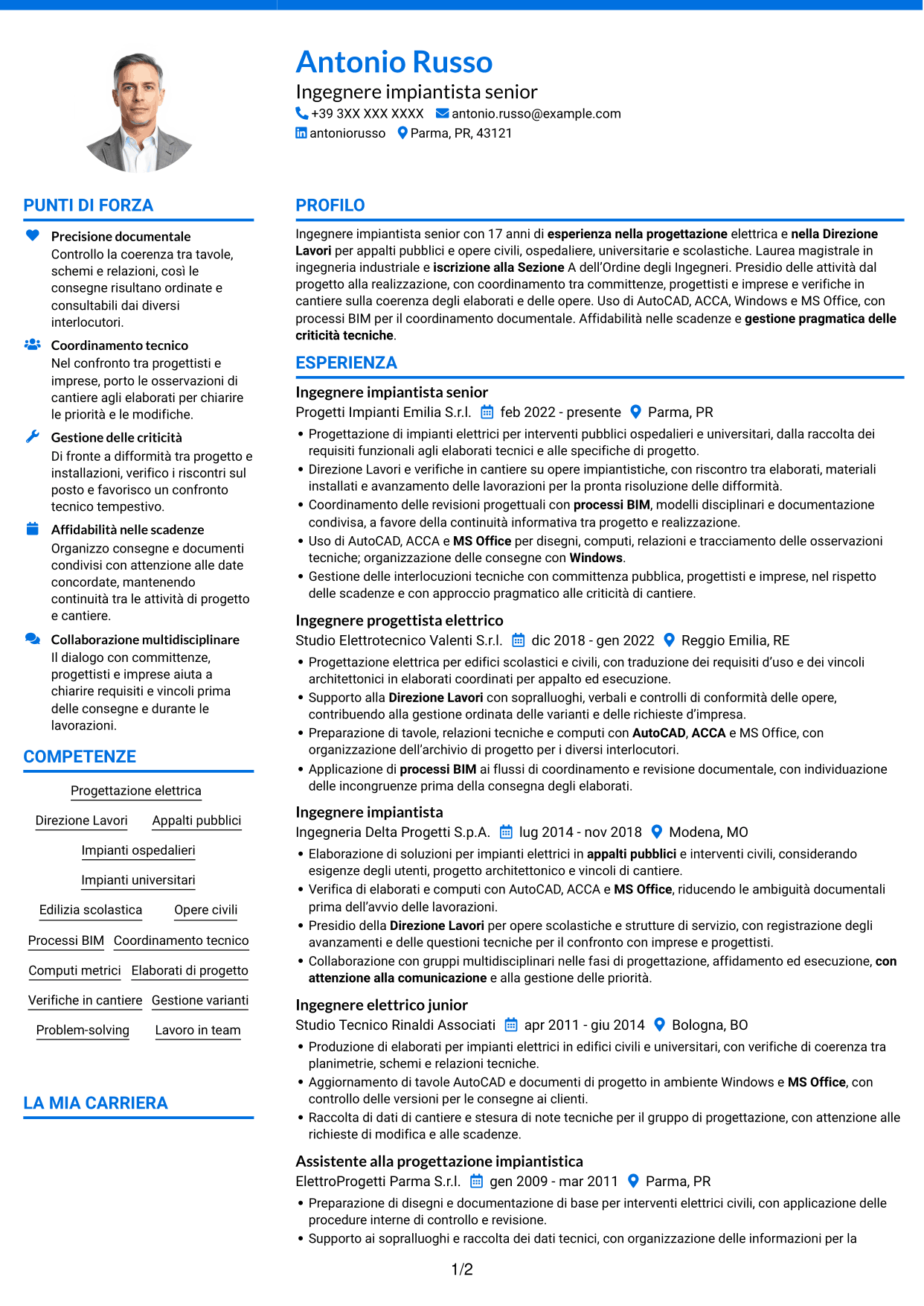 CV Audace (formato a due colonne con accenti colorati e foto): Ingegnere impiantista senior - Progettazione impianti elettrici, pagina 1