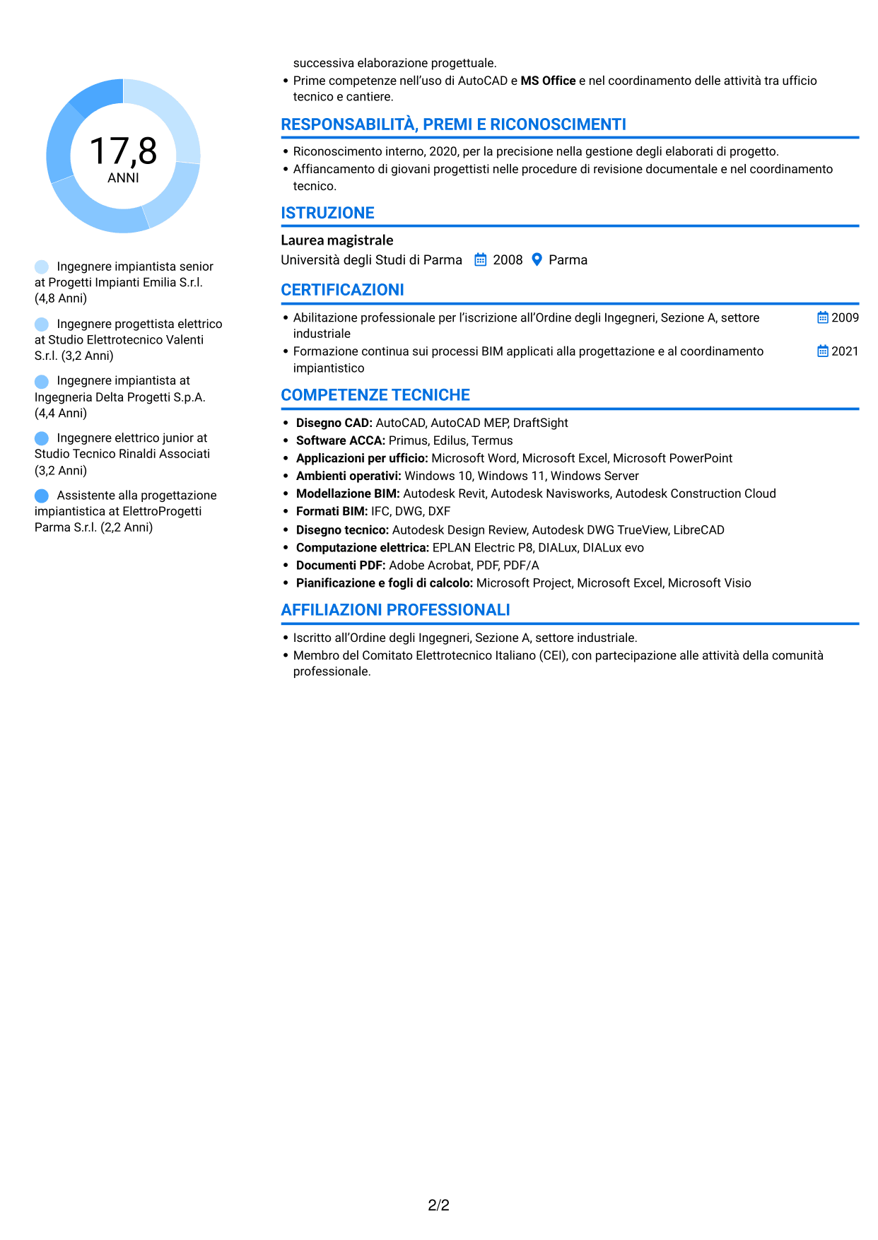 CV Audace (formato a due colonne con accenti colorati e foto): Ingegnere impiantista senior - Progettazione impianti elettrici, pagina 2