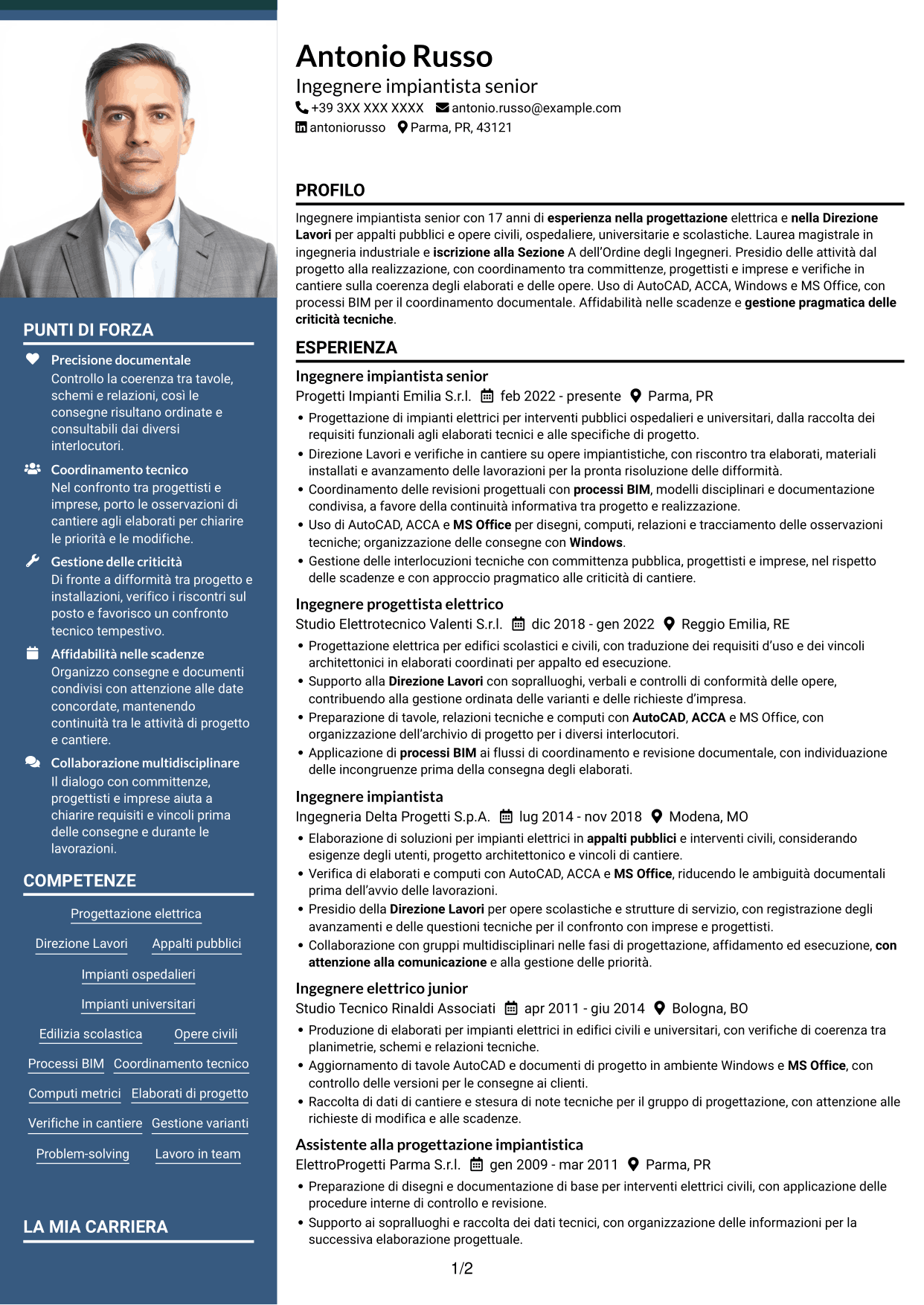CV Signature (formato con colonna laterale colorata e foto grande): Ingegnere impiantista senior - Progettazione impianti elettrici, pagina 1