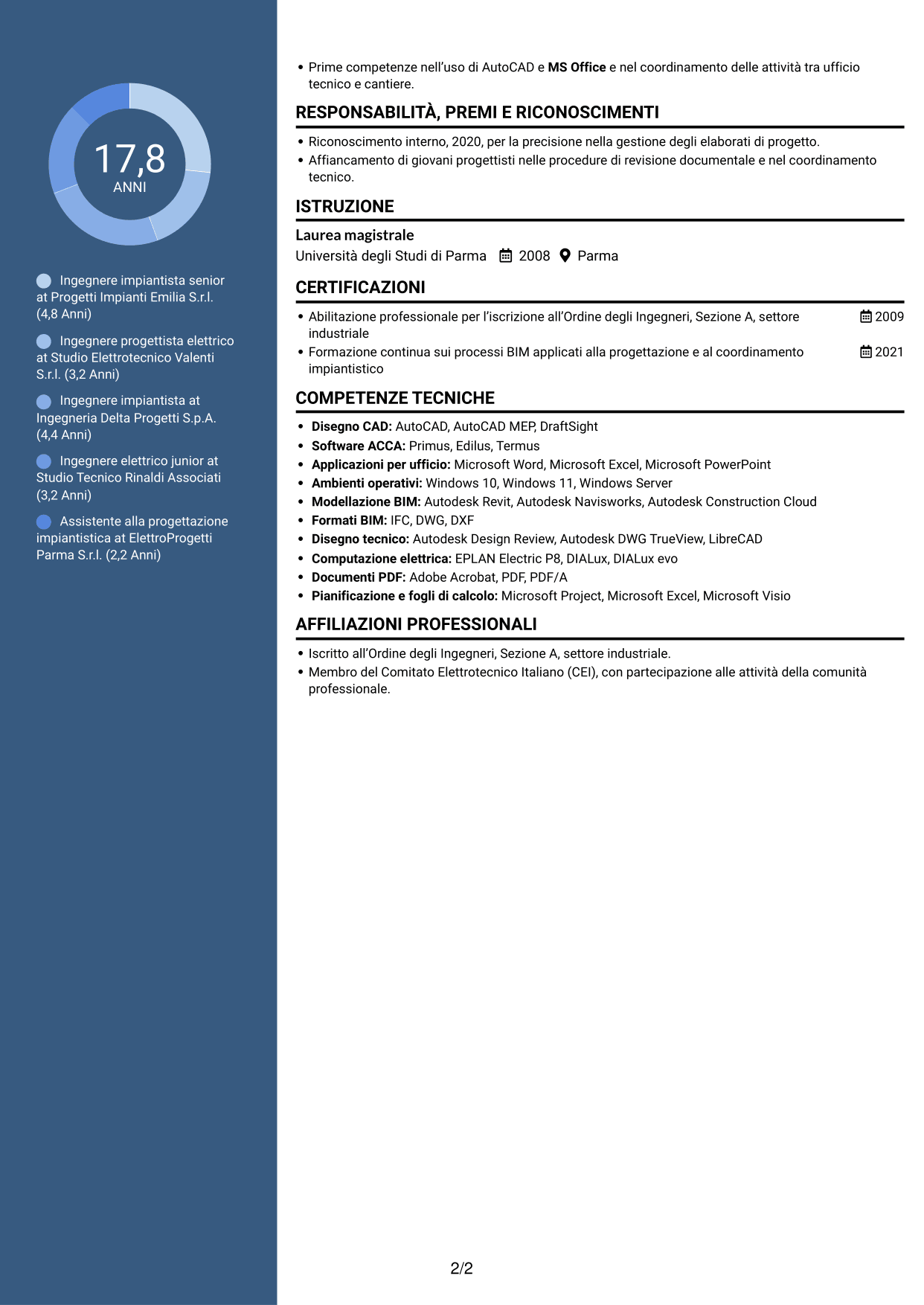 CV Signature (formato con colonna laterale colorata e foto grande): Ingegnere impiantista senior - Progettazione impianti elettrici, pagina 2