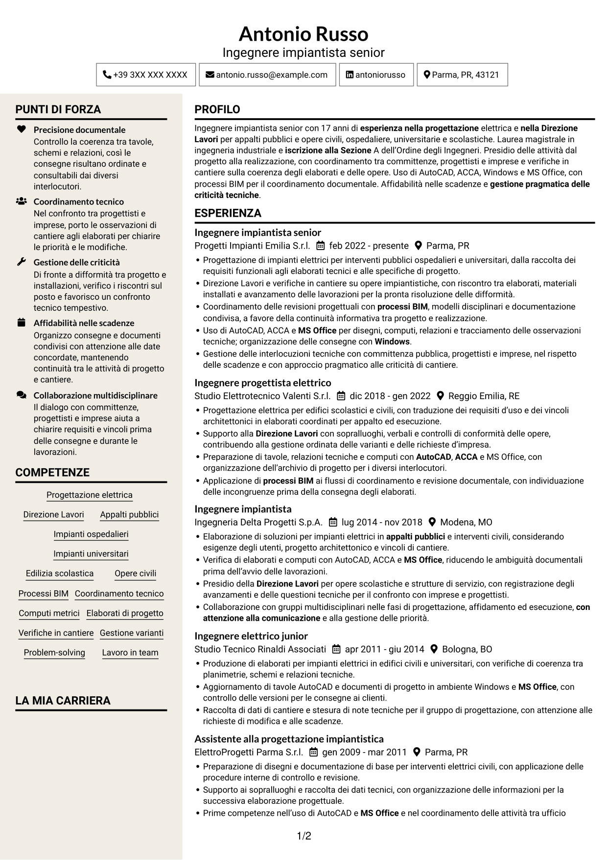 CV Intraprendente (formato a due colonne con intestazione centrata senza foto): Ingegnere impiantista senior - Progettazione impianti elettrici, pagina 1