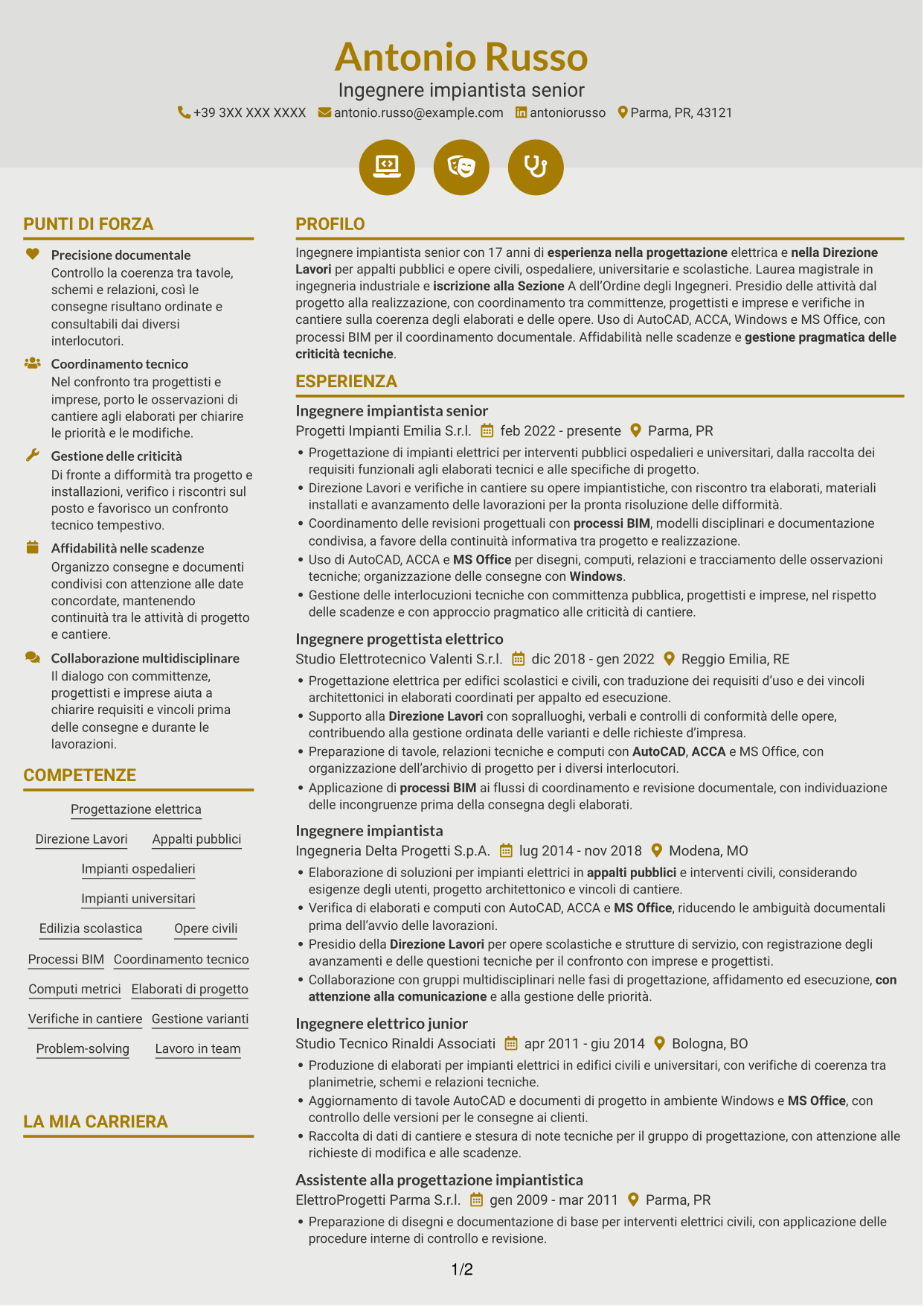 CV Dinamico (formato a due colonne con icone): Ingegnere impiantista senior - Progettazione impianti elettrici, pagina 1